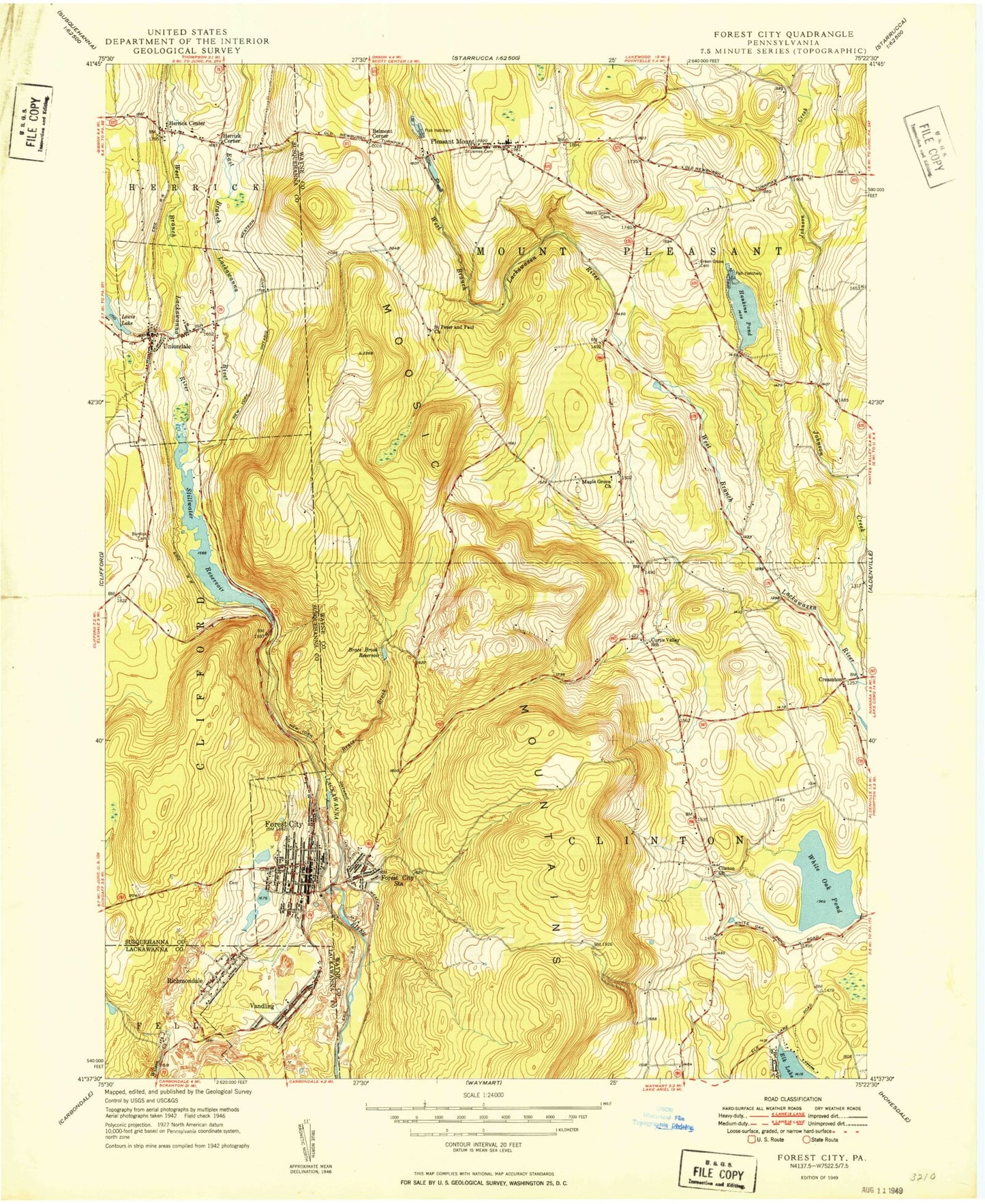 Classic USGS Forest City Pennsylvania 7.5'x7.5' Topo Map Image