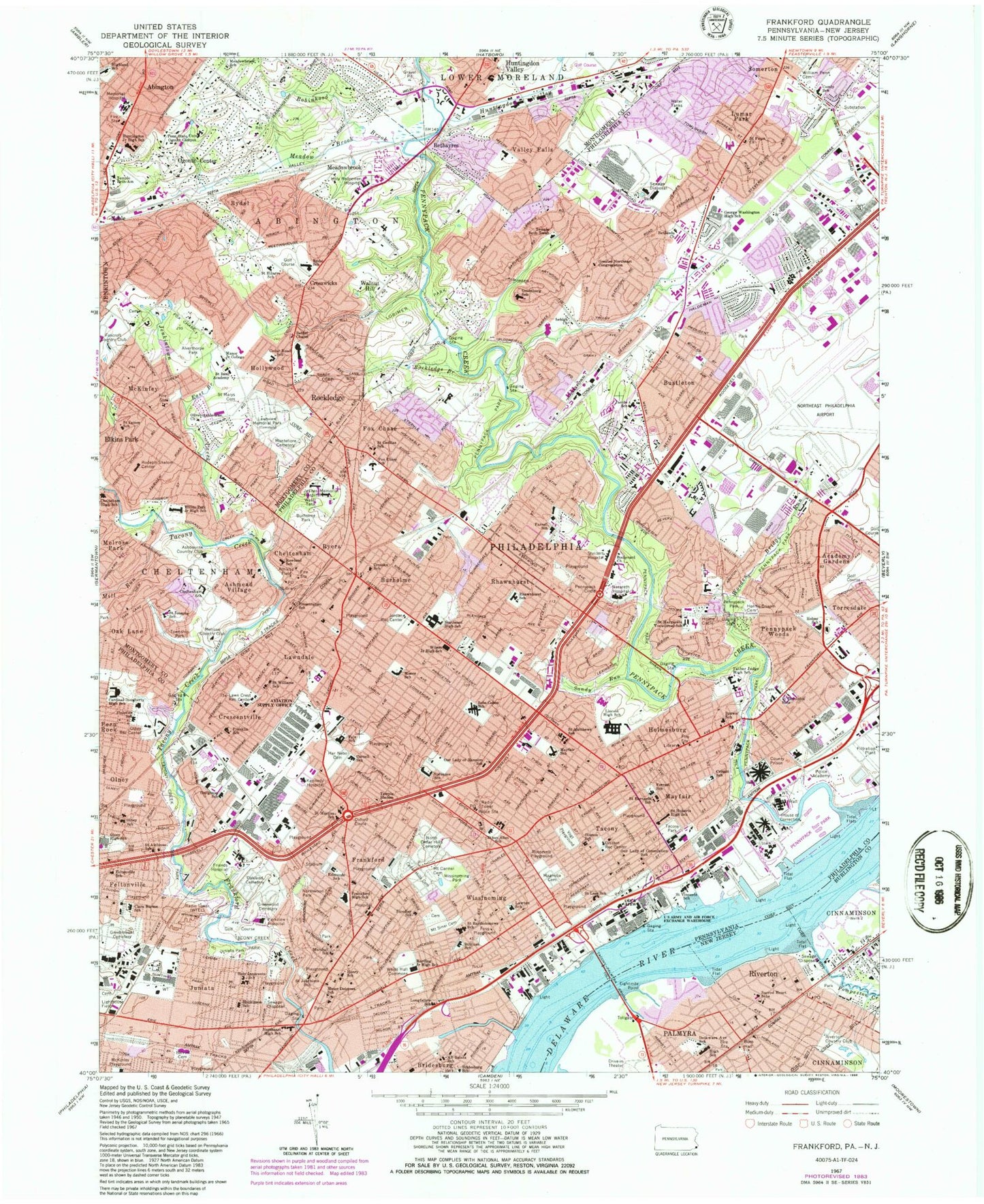 Classic USGS Frankford Pennsylvania 7.5'x7.5' Topo Map Image