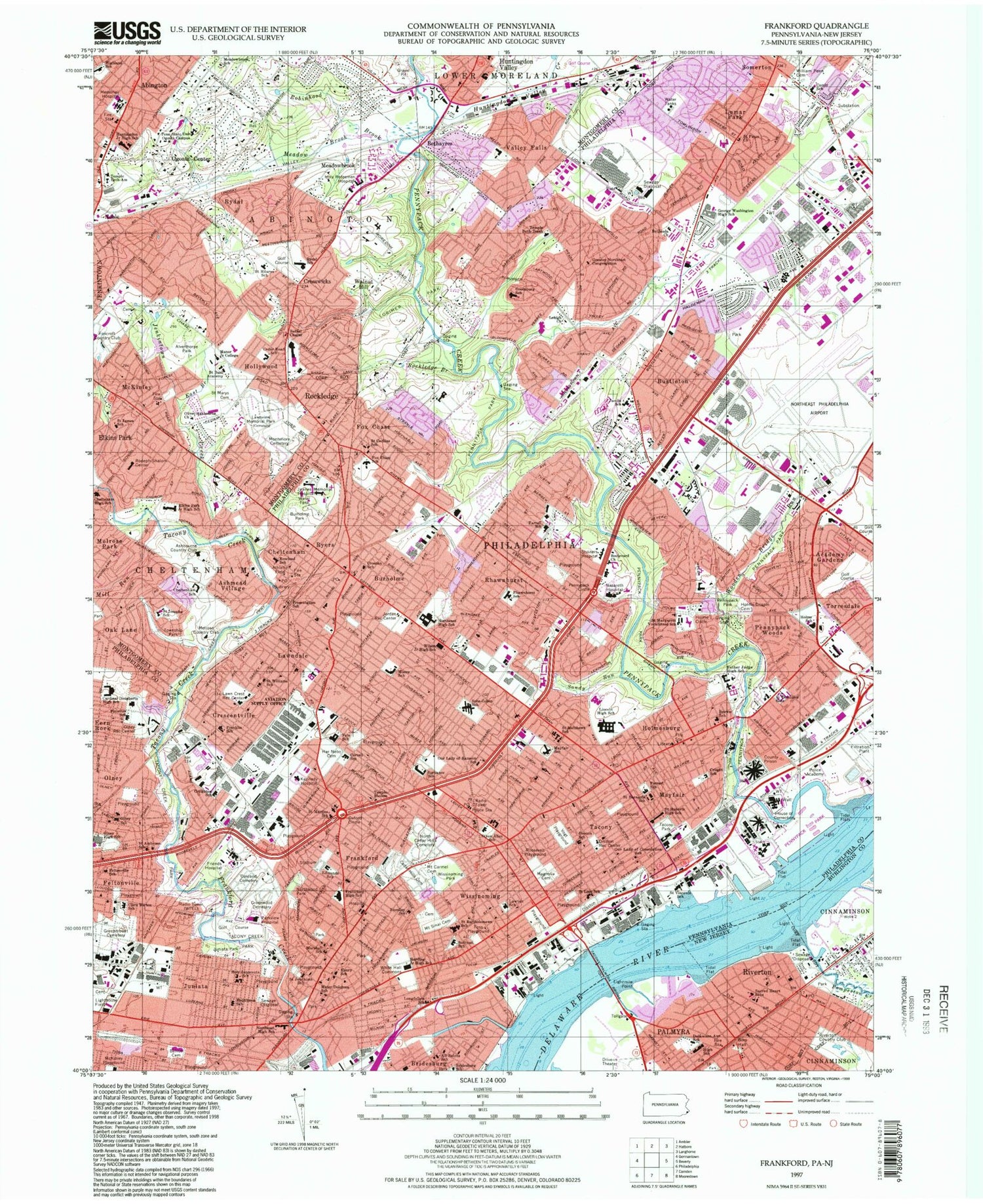 Classic USGS Frankford Pennsylvania 7.5'x7.5' Topo Map Image