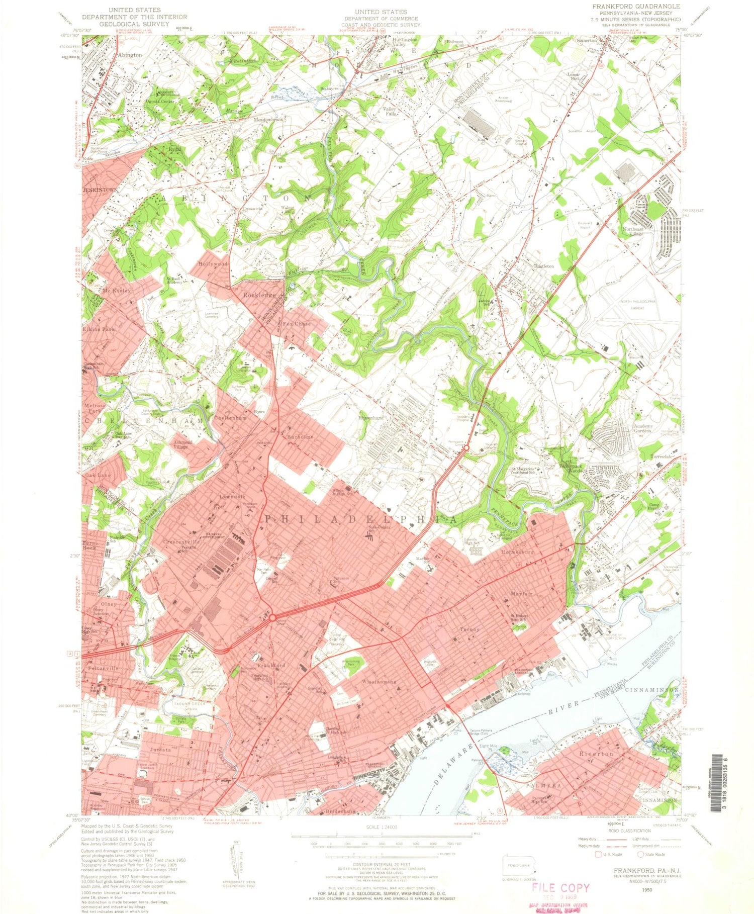 Classic USGS Frankford Pennsylvania 7.5'x7.5' Topo Map Image