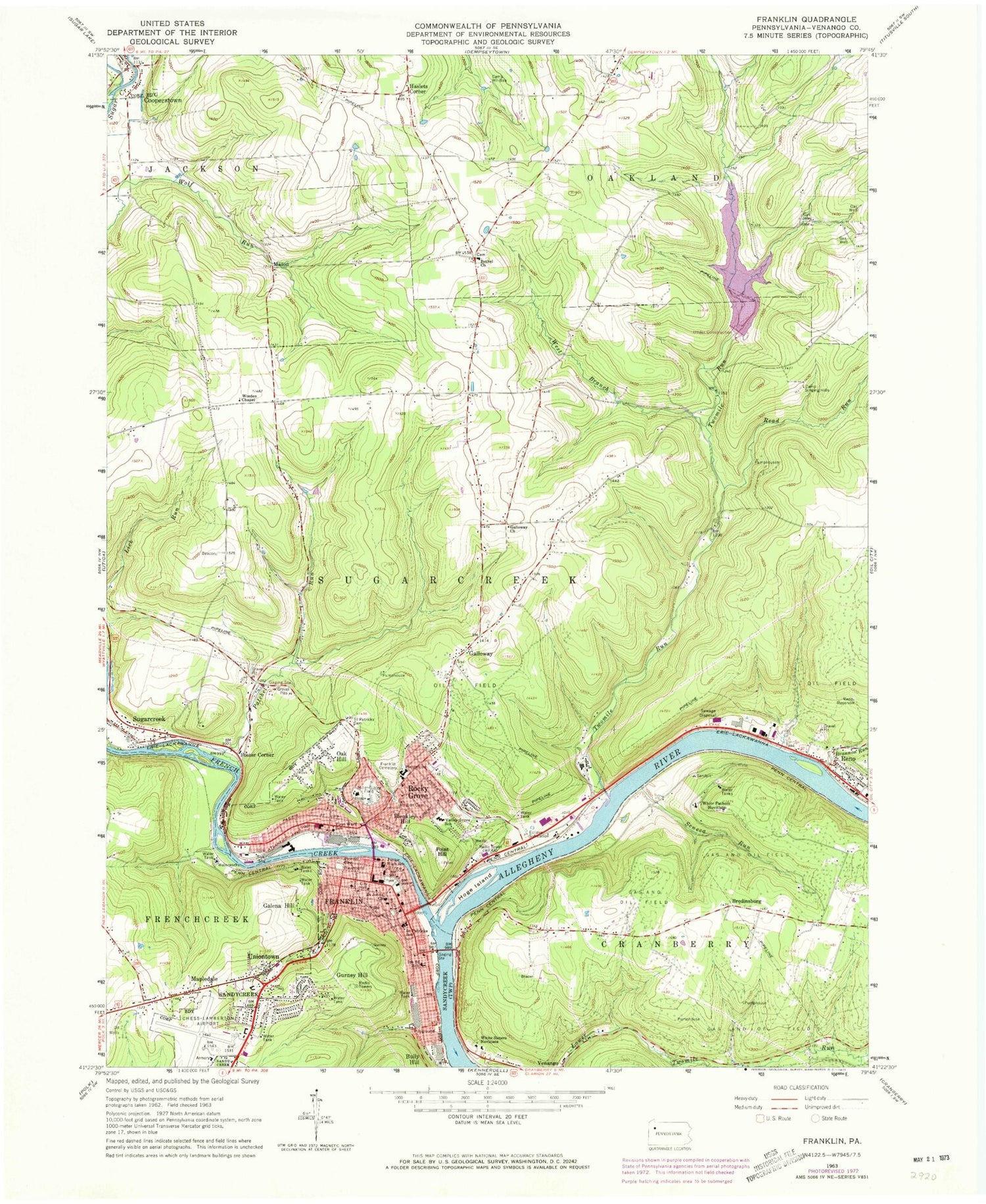 Classic USGS Franklin Pennsylvania 7.5'x7.5' Topo Map Image