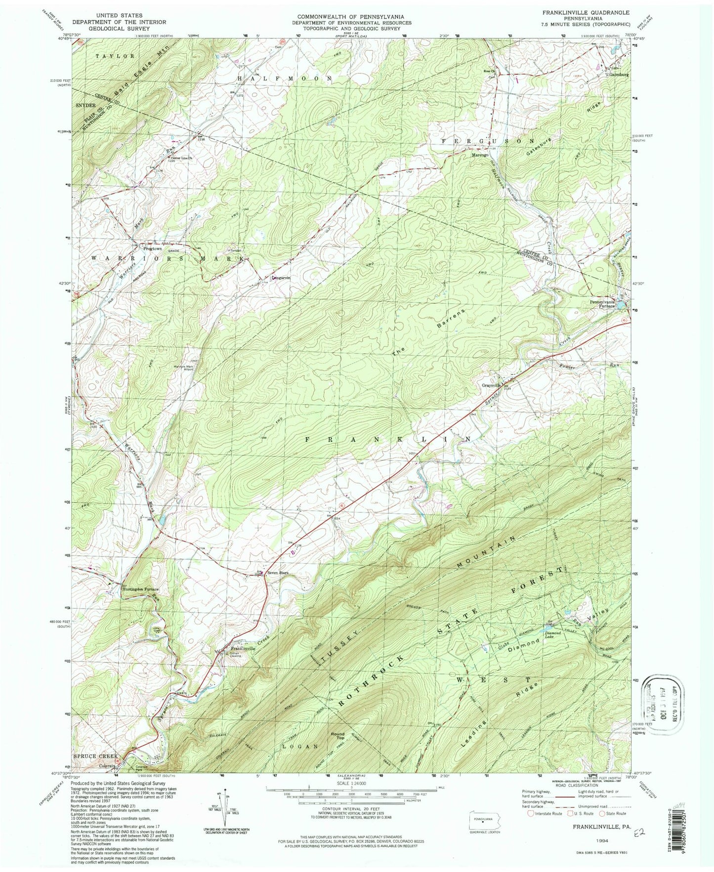 Classic USGS Franklinville Pennsylvania 7.5'x7.5' Topo Map Image