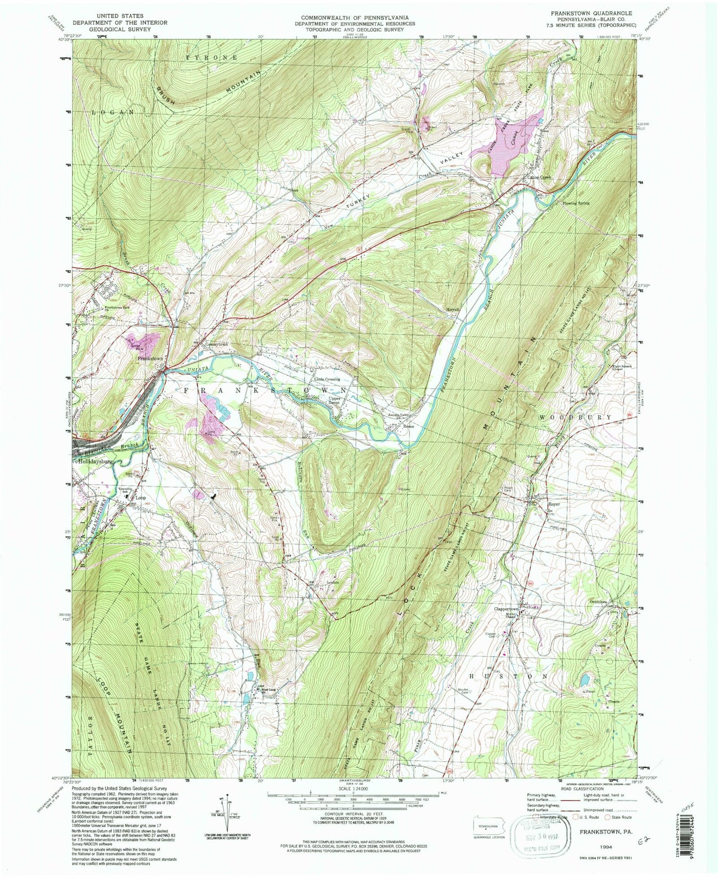 Classic USGS Frankstown Pennsylvania 7.5'x7.5' Topo Map Image