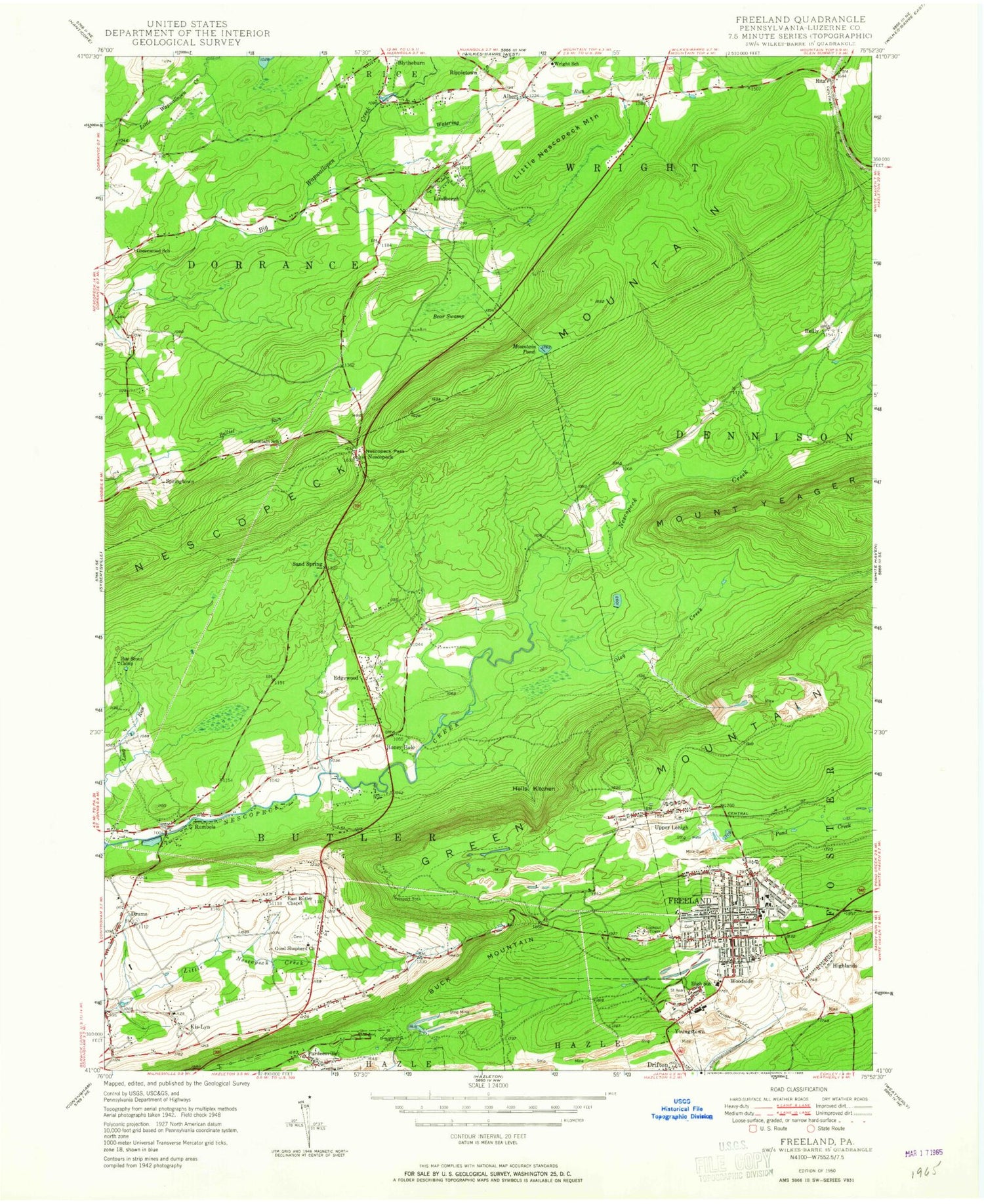 Classic USGS Freeland Pennsylvania 7.5'x7.5' Topo Map Image