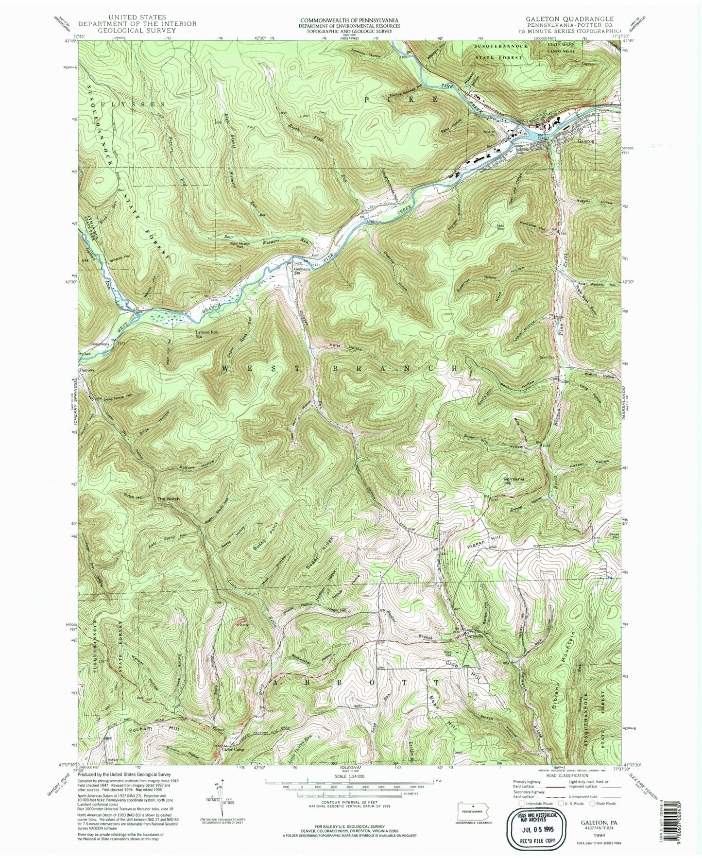 Classic USGS Galeton Pennsylvania 7.5'x7.5' Topo Map Image