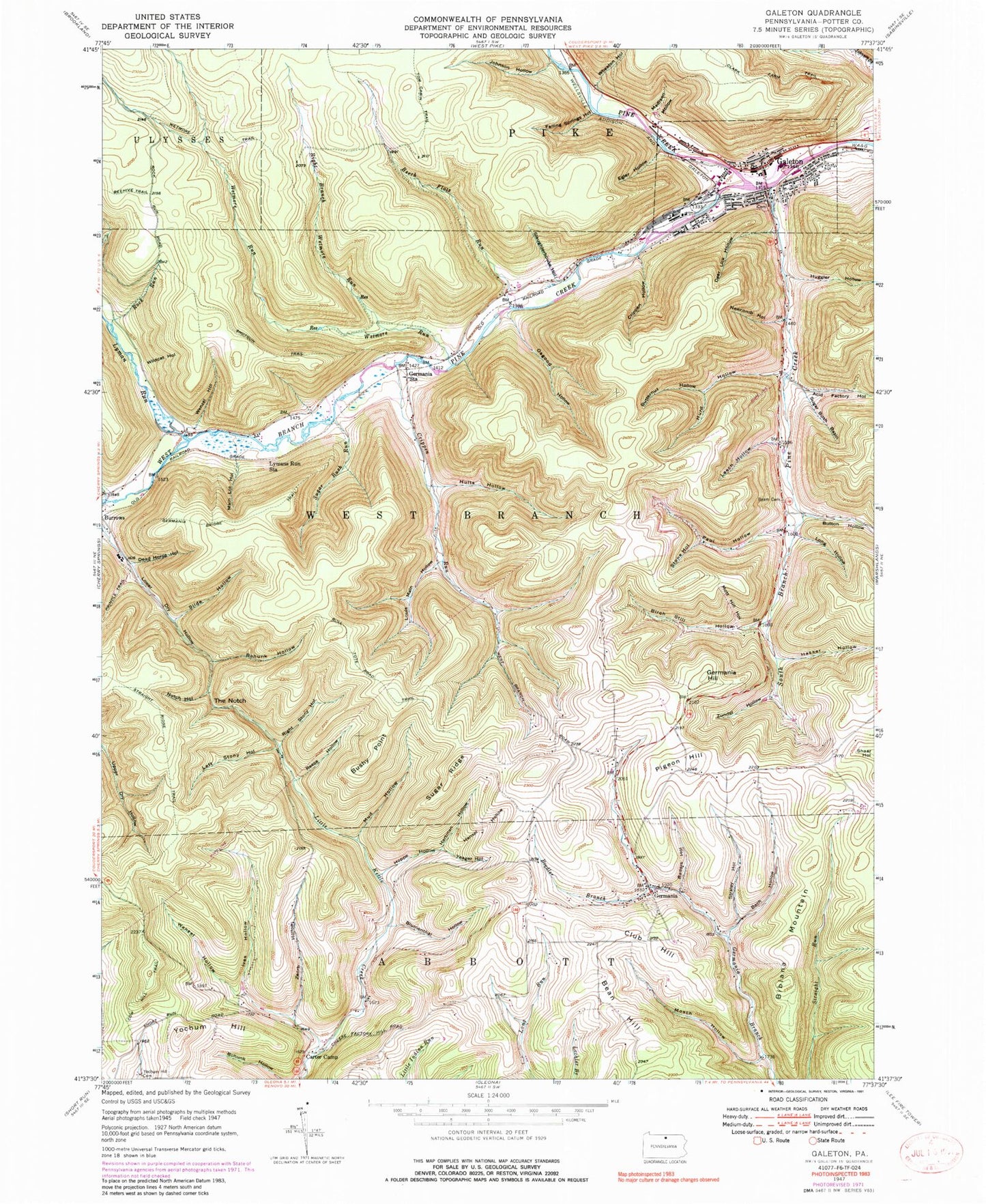 Classic USGS Galeton Pennsylvania 7.5'x7.5' Topo Map Image