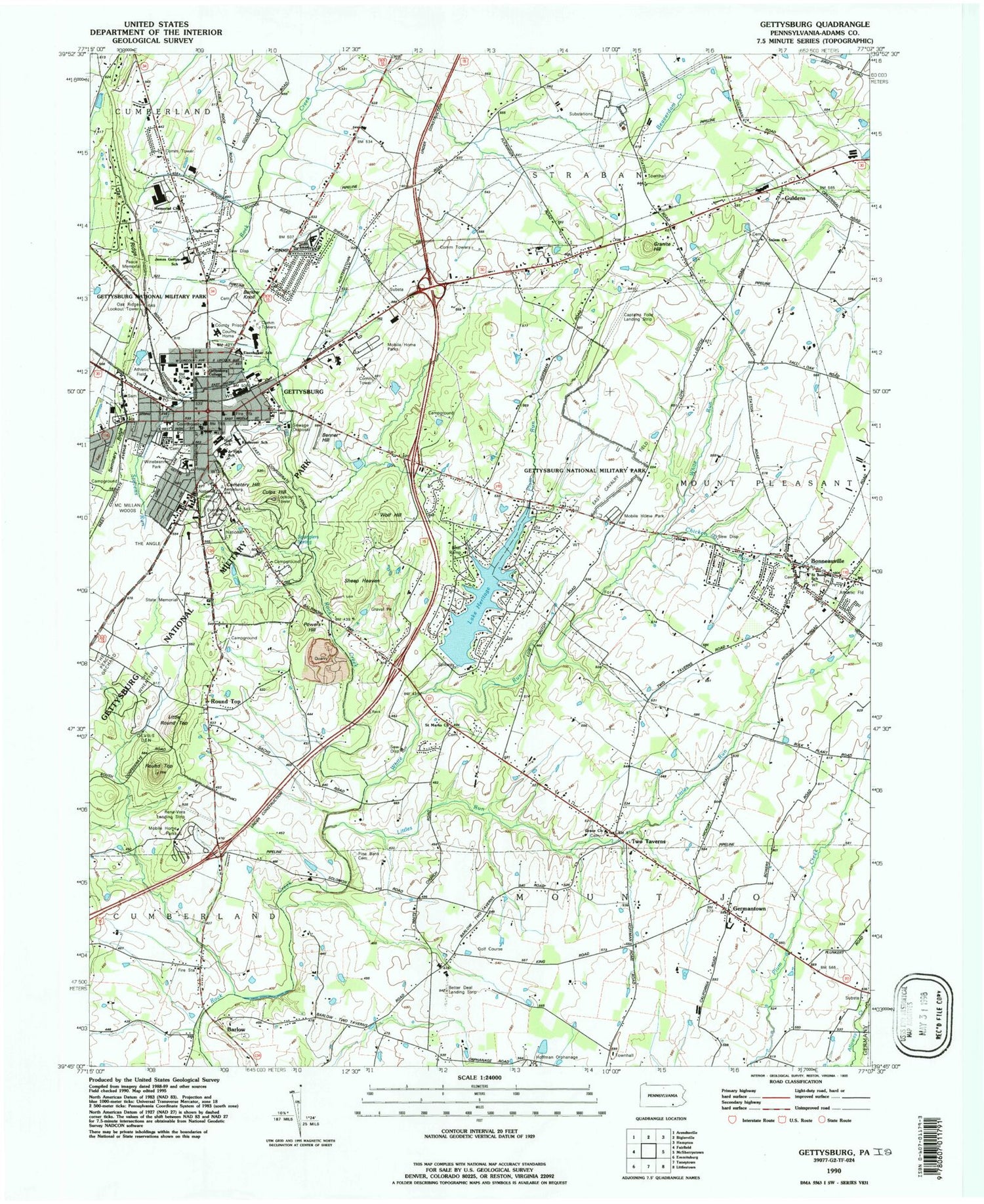 USGS Classic Gettysburg Pennsylvania 7.5'x7.5' Topo Map Image