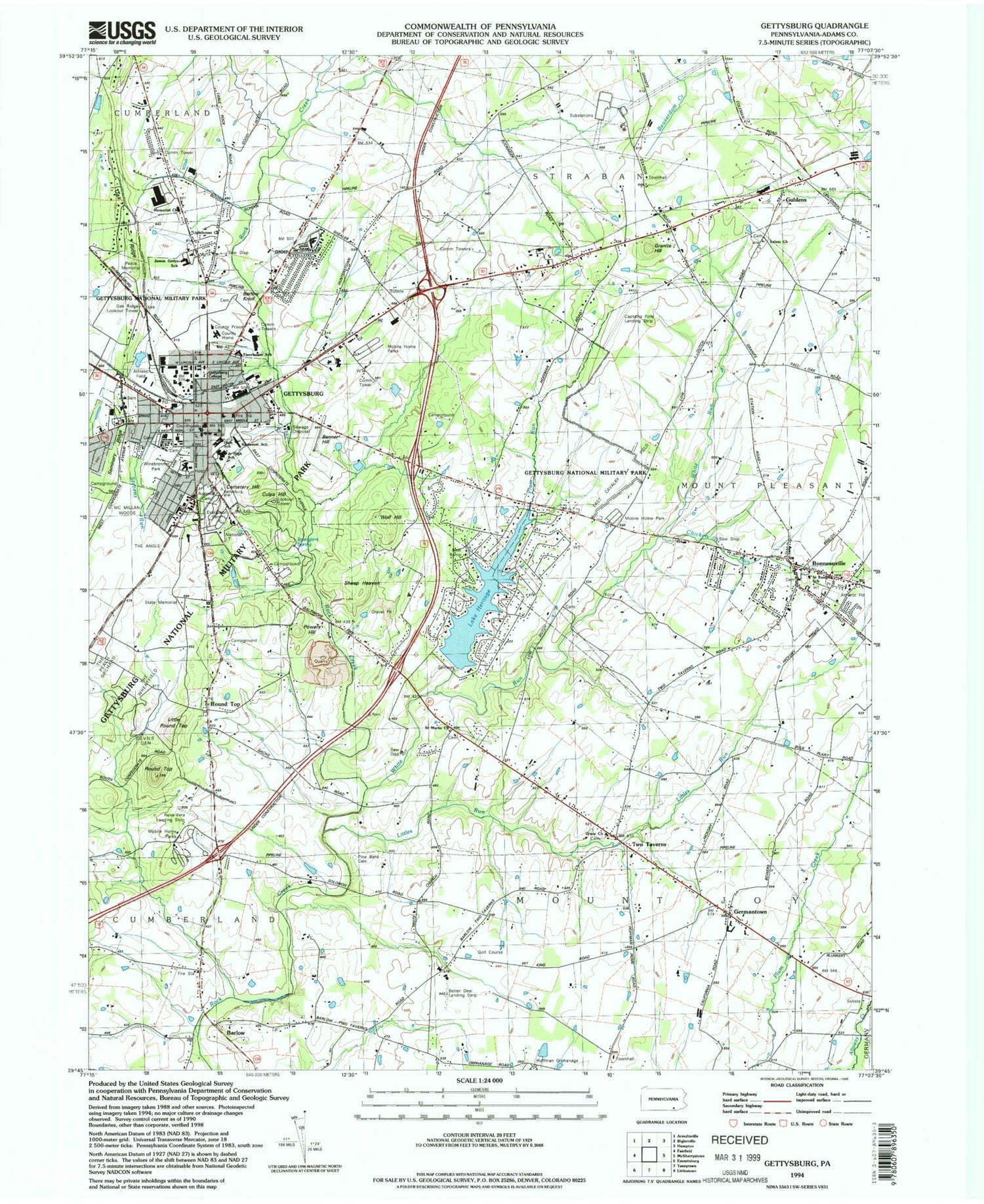 USGS Classic Gettysburg Pennsylvania 7.5'x7.5' Topo Map Image