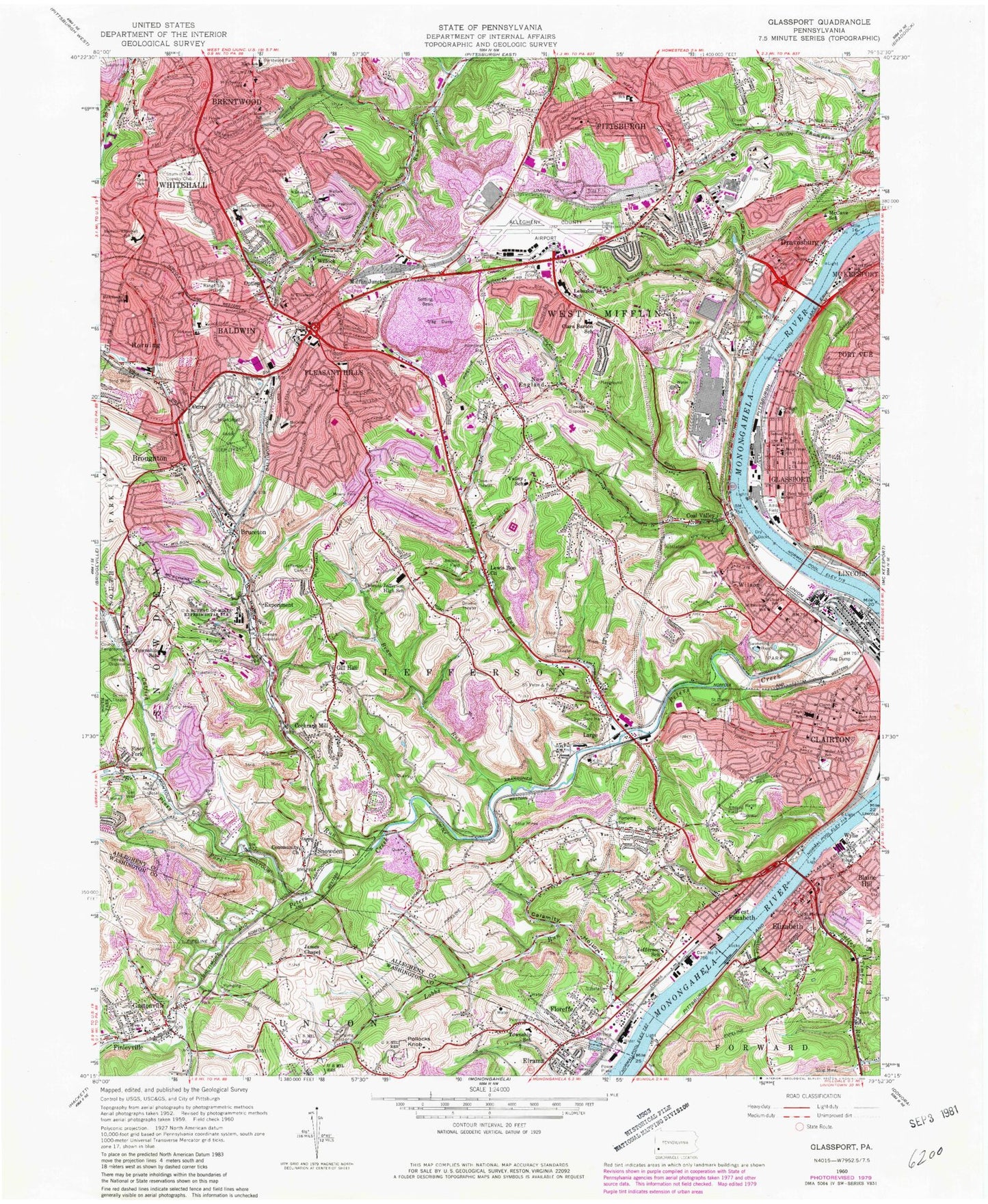Classic USGS Glassport Pennsylvania 7.5'x7.5' Topo Map Image