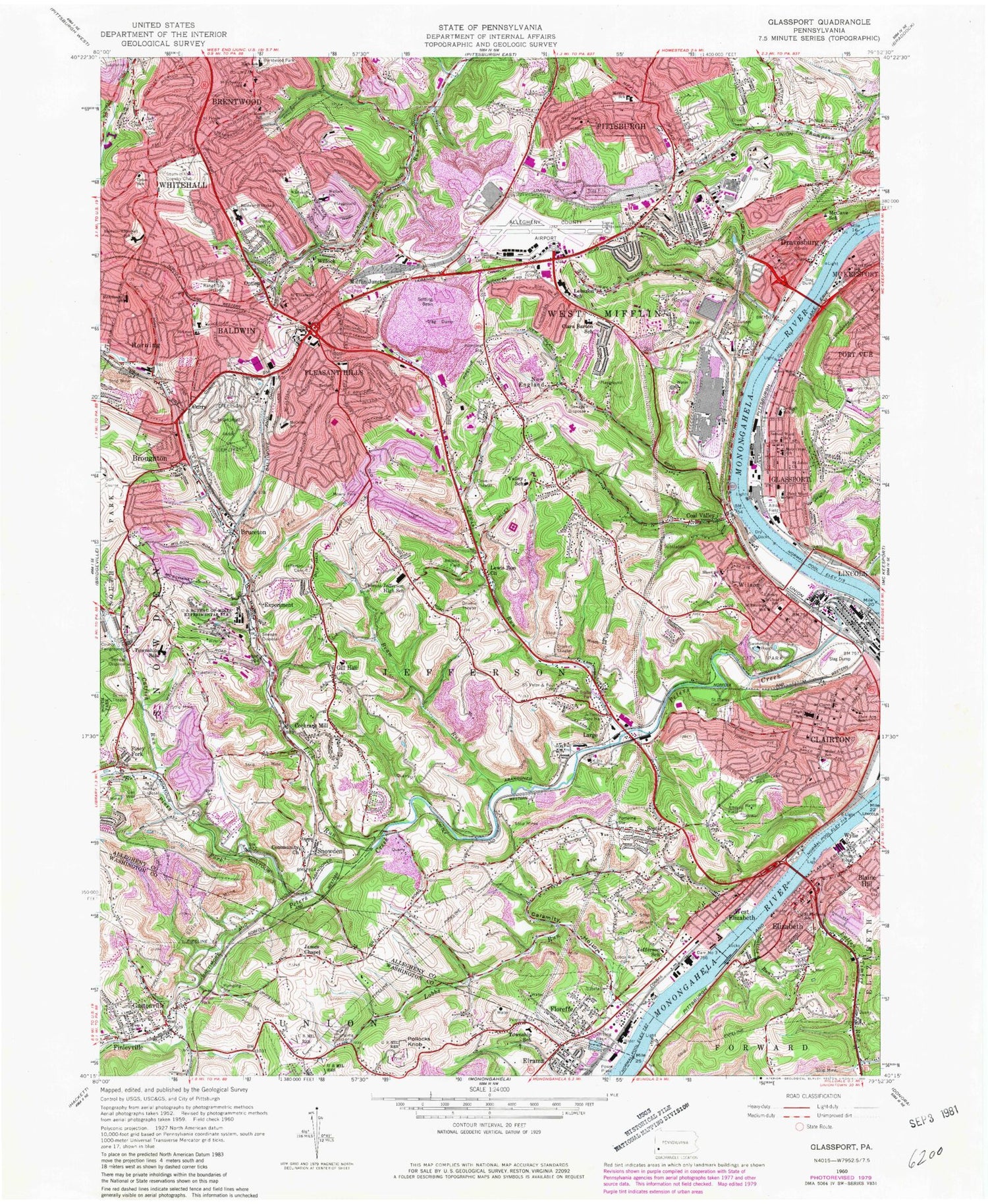 Classic USGS Glassport Pennsylvania 7.5'x7.5' Topo Map Image