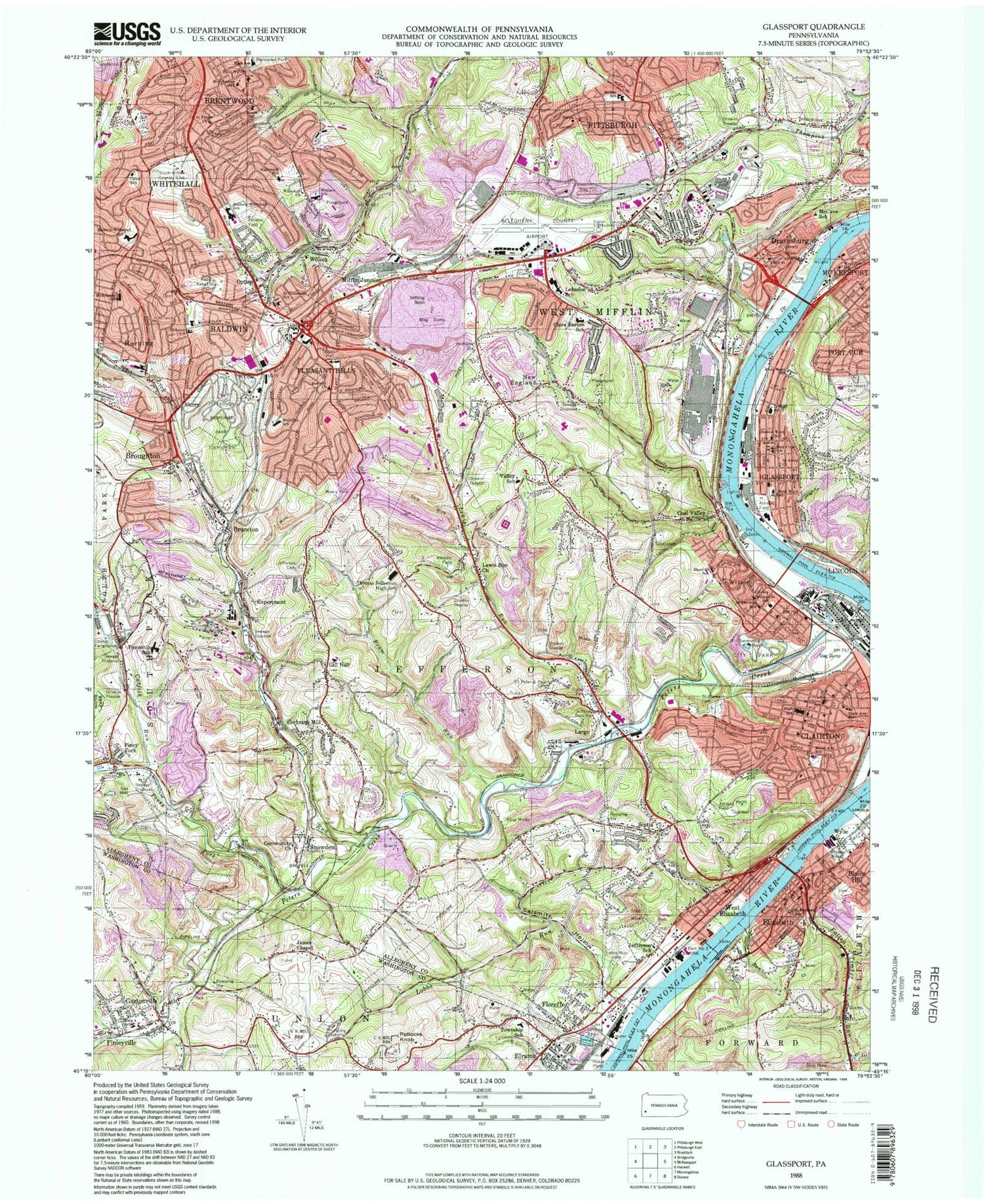Classic USGS Glassport Pennsylvania 7.5'x7.5' Topo Map Image