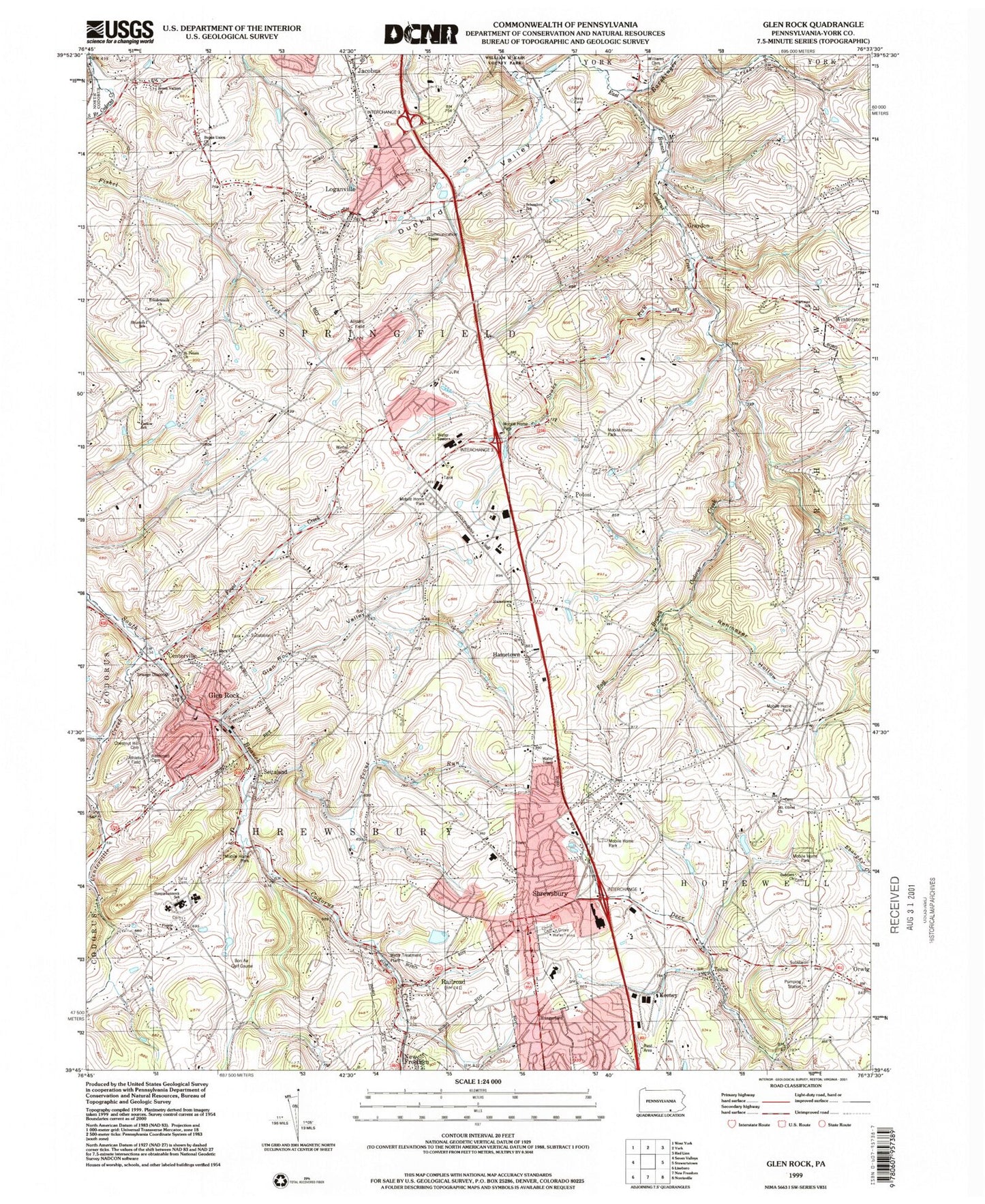 Classic USGS Glen Rock Pennsylvania 7.5'x7.5' Topo Map Image