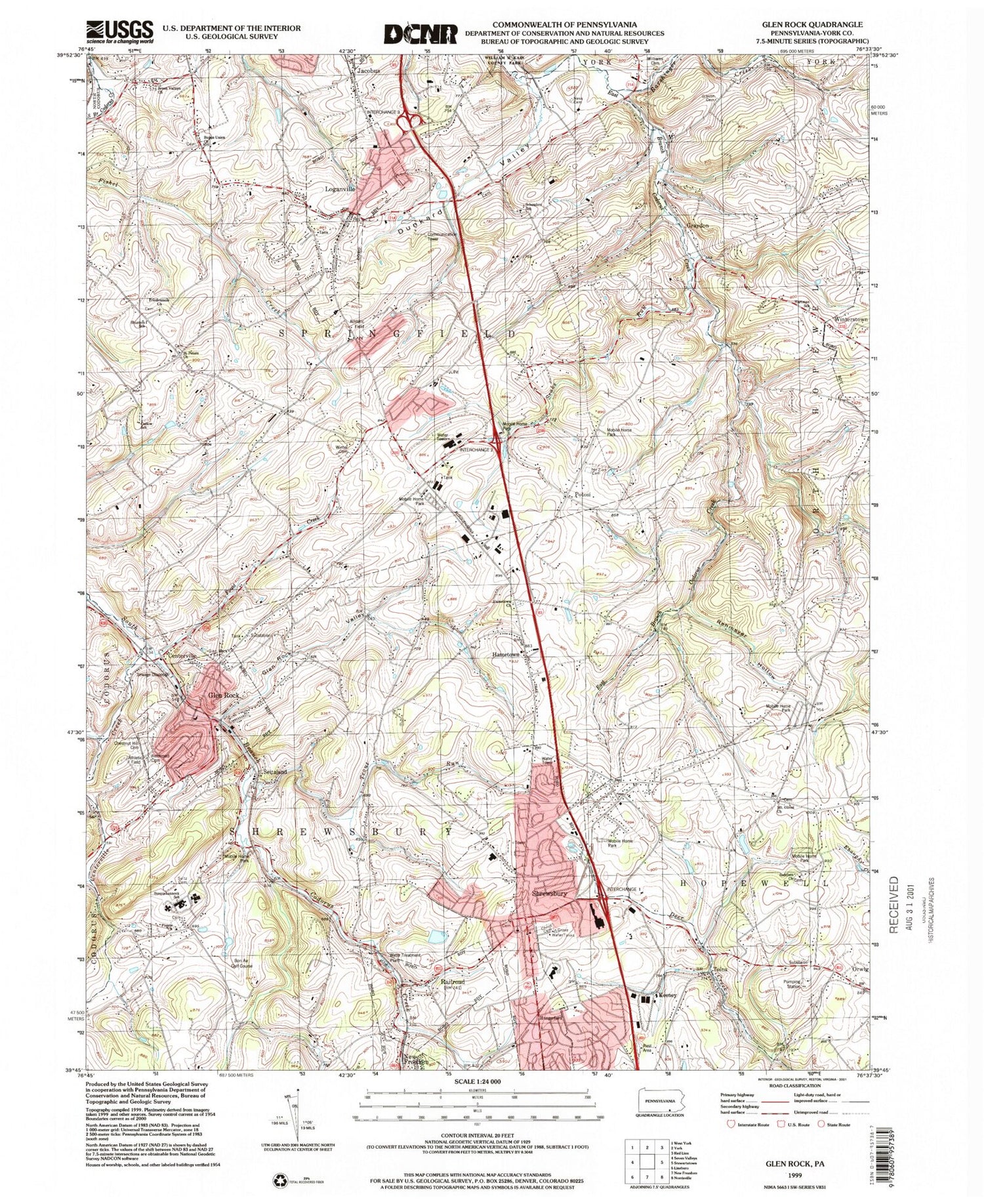 Classic USGS Glen Rock Pennsylvania 7.5'x7.5' Topo Map Image