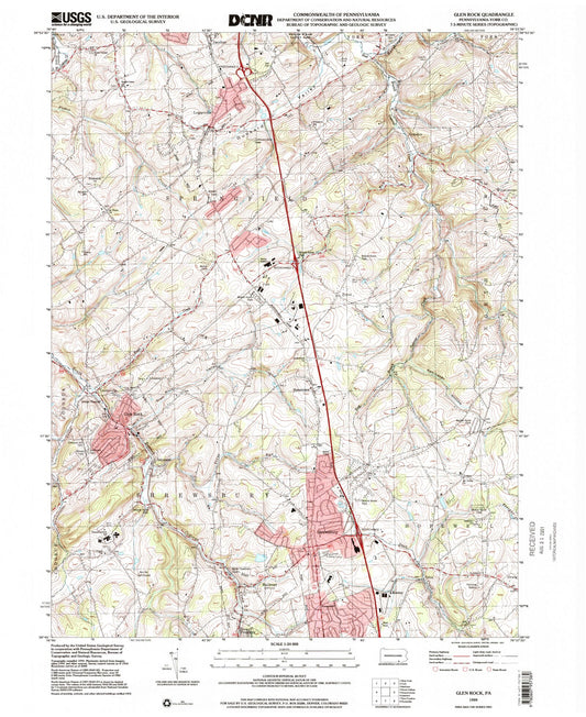 Classic USGS Glen Rock Pennsylvania 7.5'x7.5' Topo Map Image