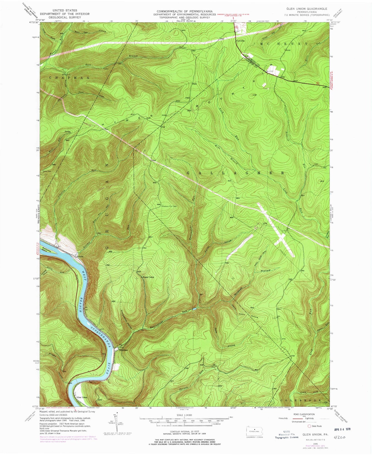 Classic USGS Glen Union Pennsylvania 7.5'x7.5' Topo Map Image