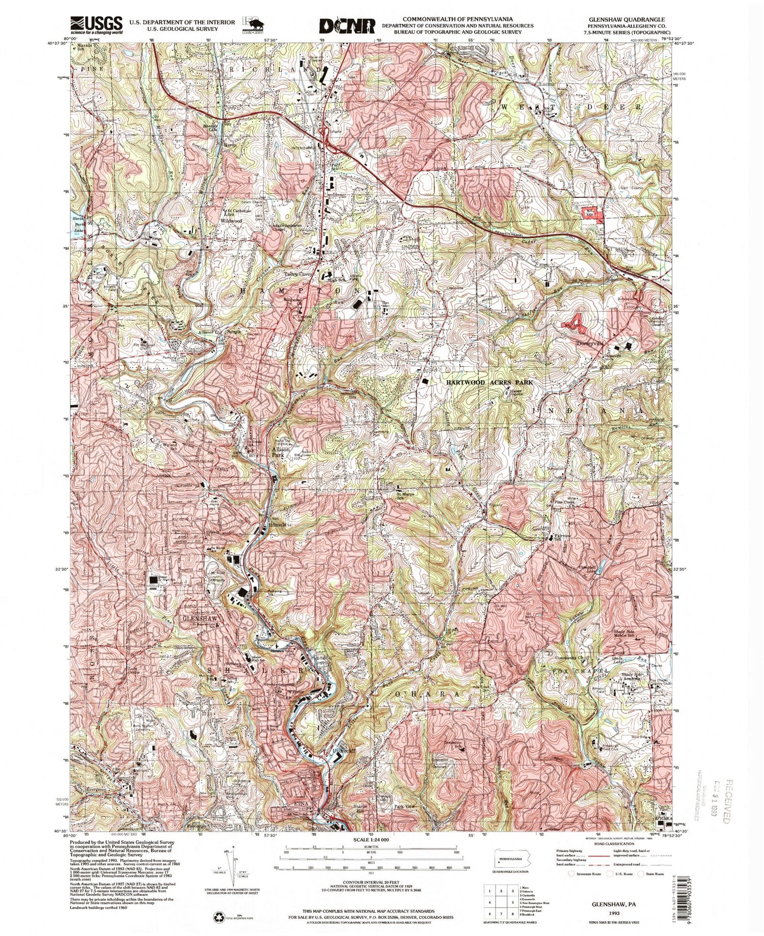 Classic USGS Glenshaw Pennsylvania 7.5'x7.5' Topo Map Image