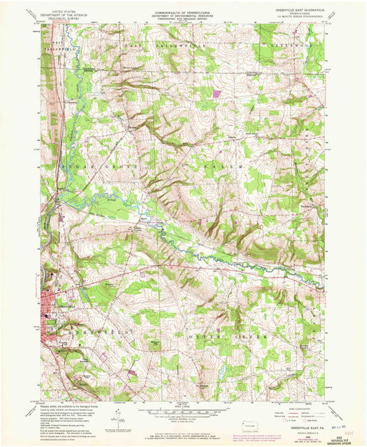Classic USGS Greenville East Pennsylvania 7.5'x7.5' Topo Map Image