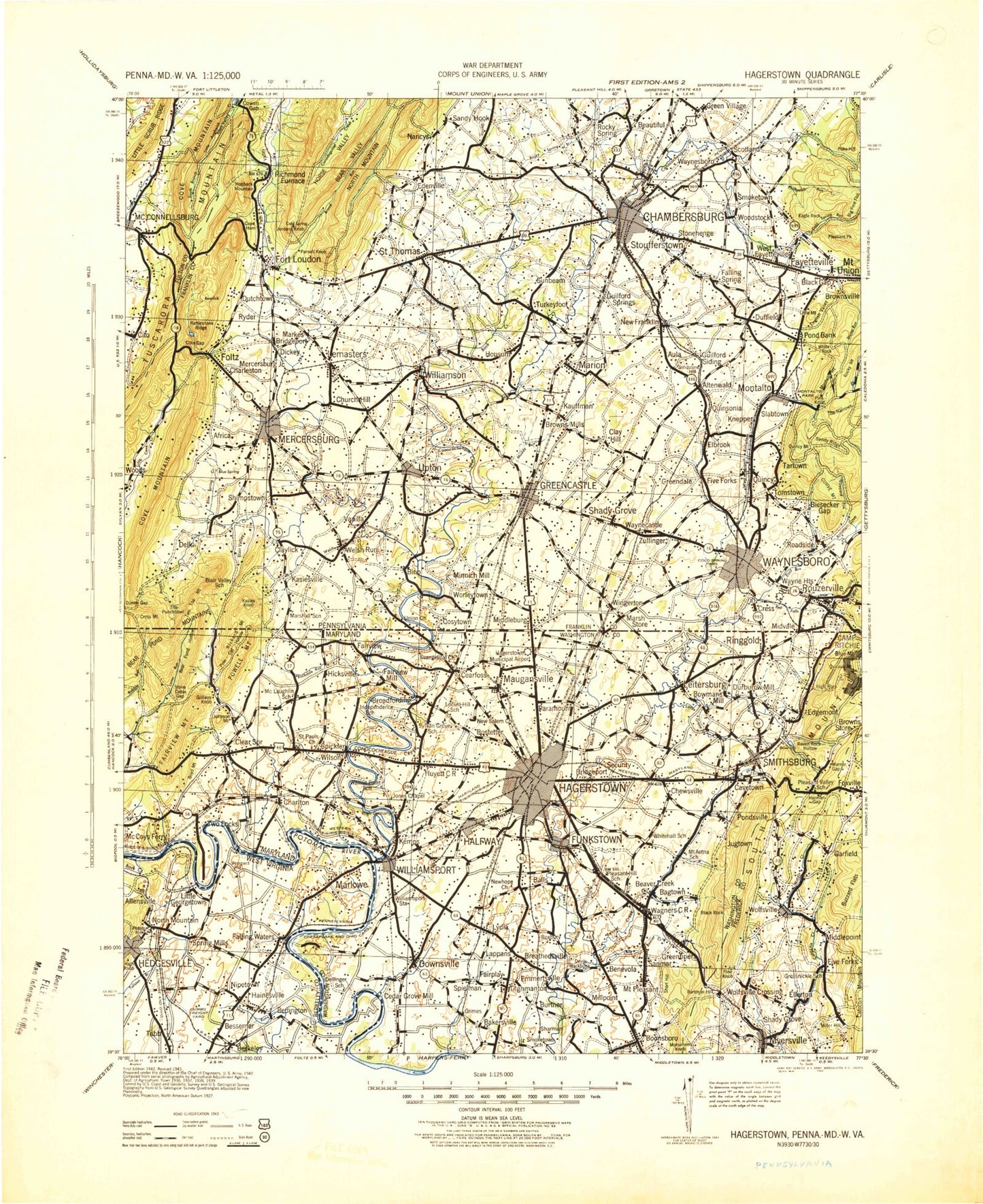 Historic 1943 Hagerstown Maryland 30'x30' Topo Map Image