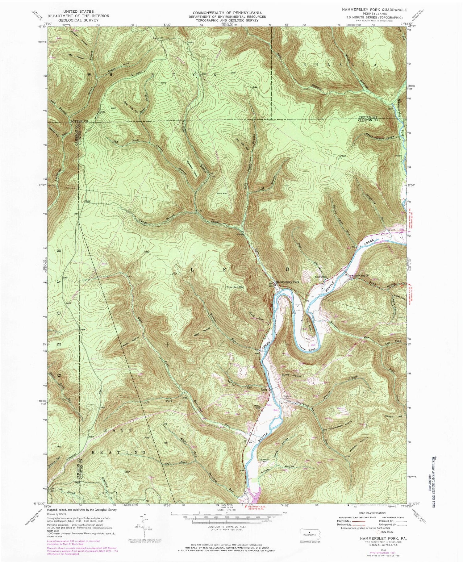 USGS Classic Hammersley Fork Pennsylvania 7.5'x7.5' Topo Map Image