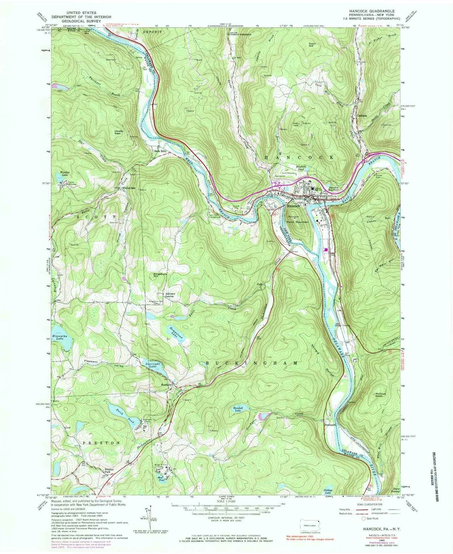 Classic USGS Hancock New York 7.5'x7.5' Topo Map Image