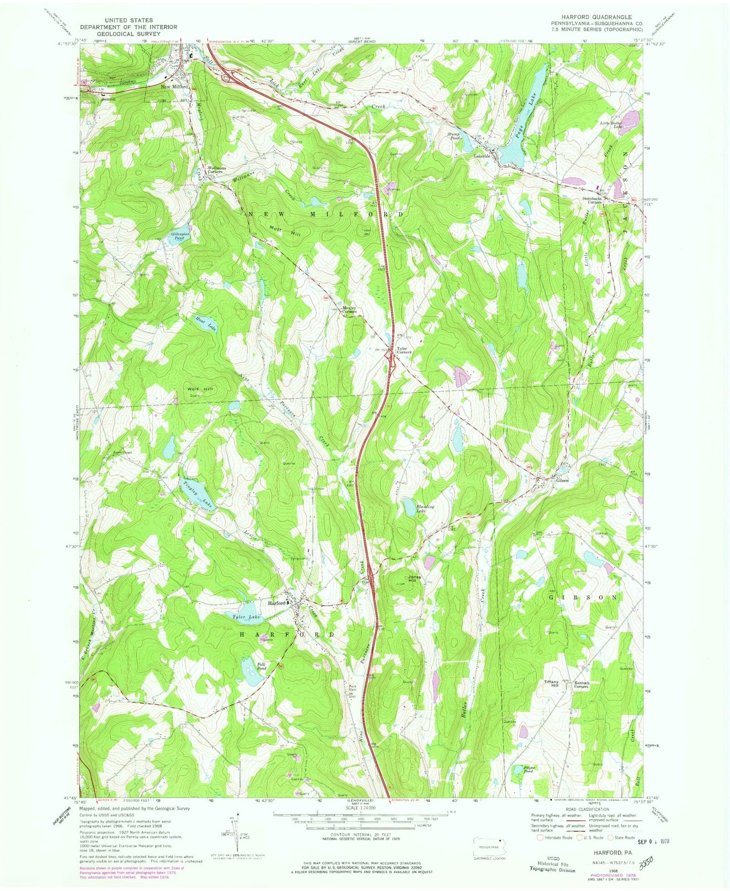 Classic USGS Harford Pennsylvania 7.5'x7.5' Topo Map Image