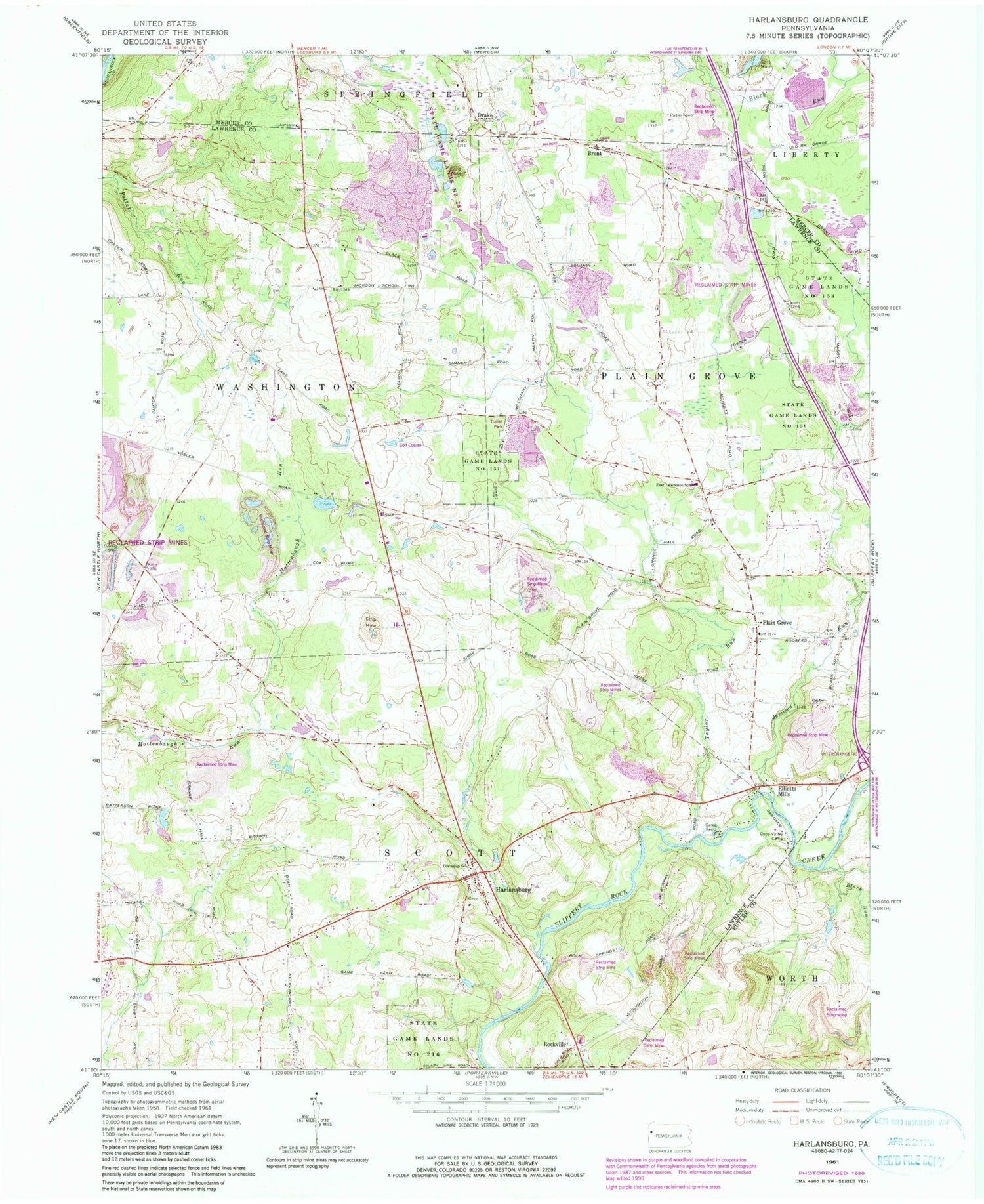 Classic USGS Harlansburg Pennsylvania 7.5'x7.5' Topo Map Image