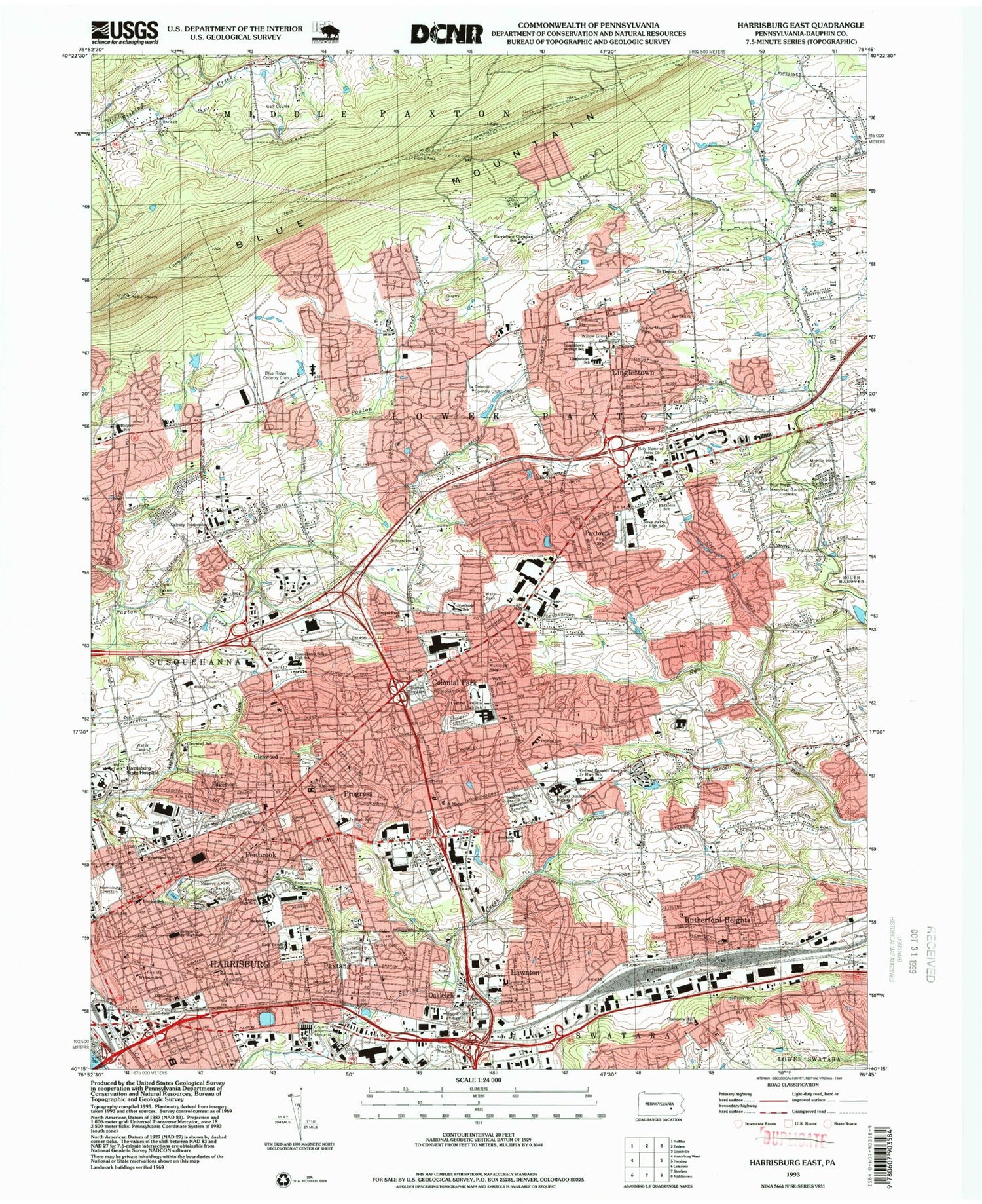 Classic USGS Harrisburg East Pennsylvania 7.5'x7.5' Topo Map Image