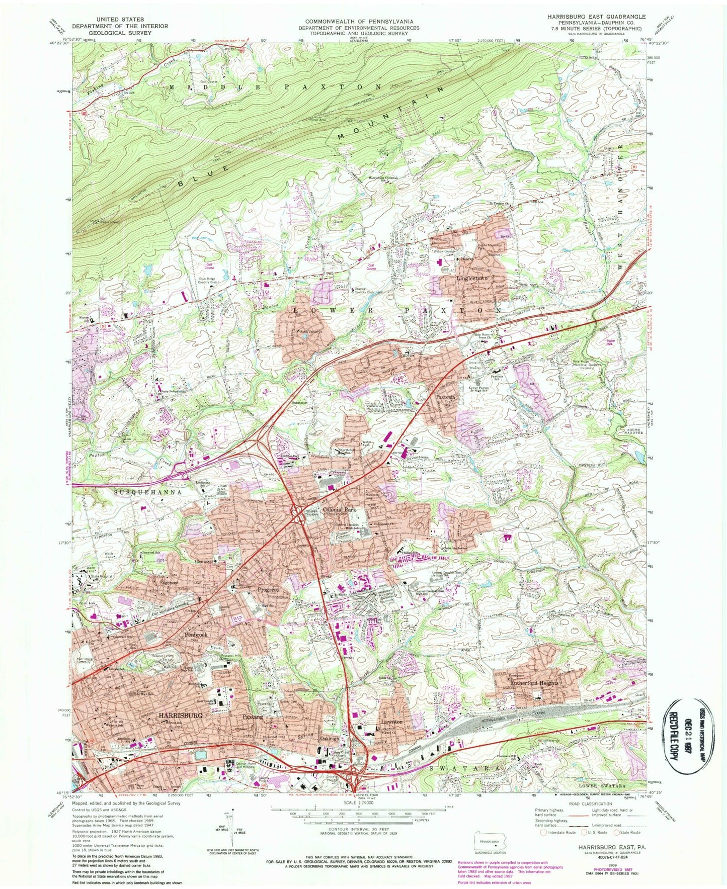 Classic USGS Harrisburg East Pennsylvania 7.5'x7.5' Topo Map Image