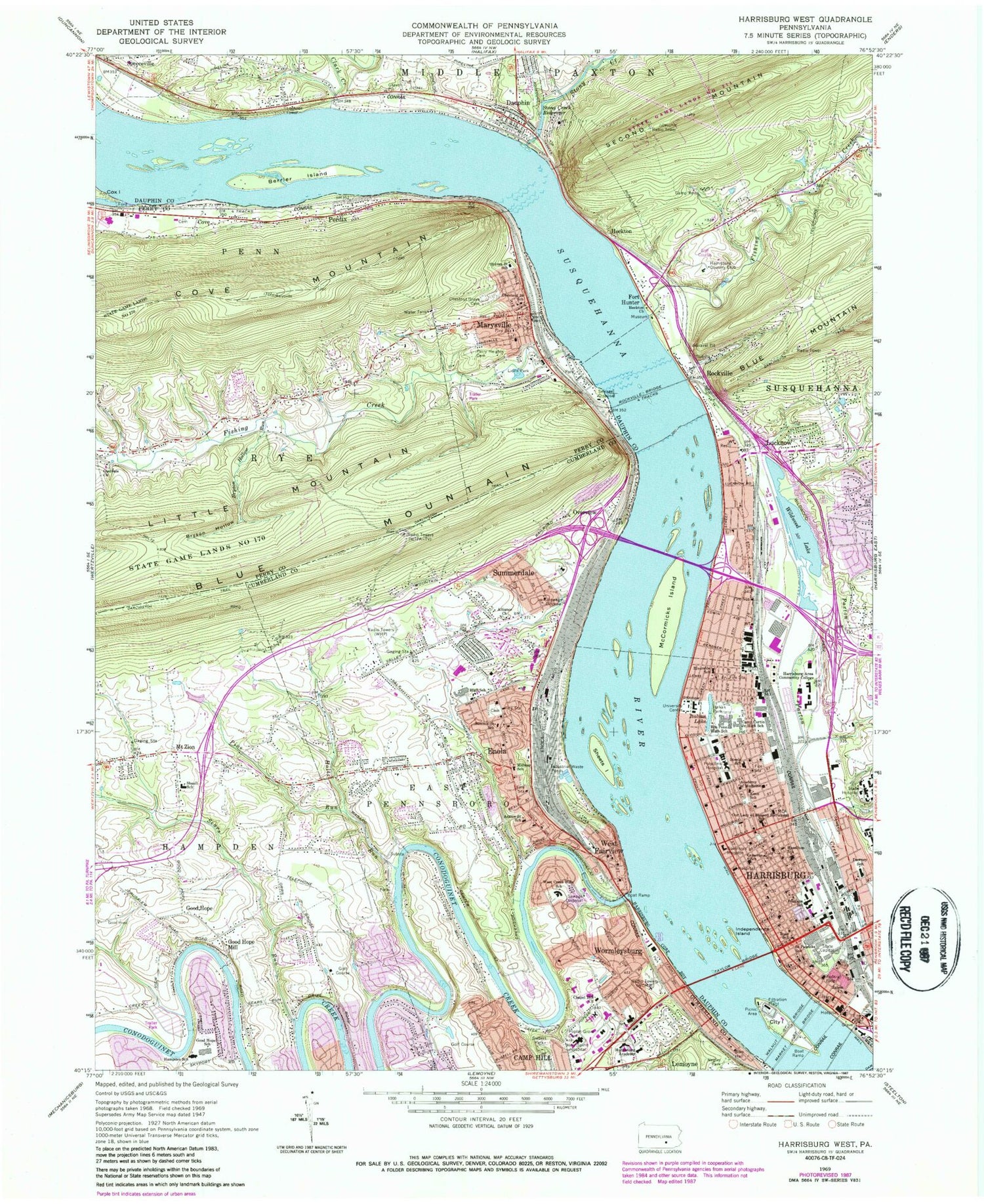 Classic USGS Harrisburg West Pennsylvania 7.5'x7.5' Topo Map Image