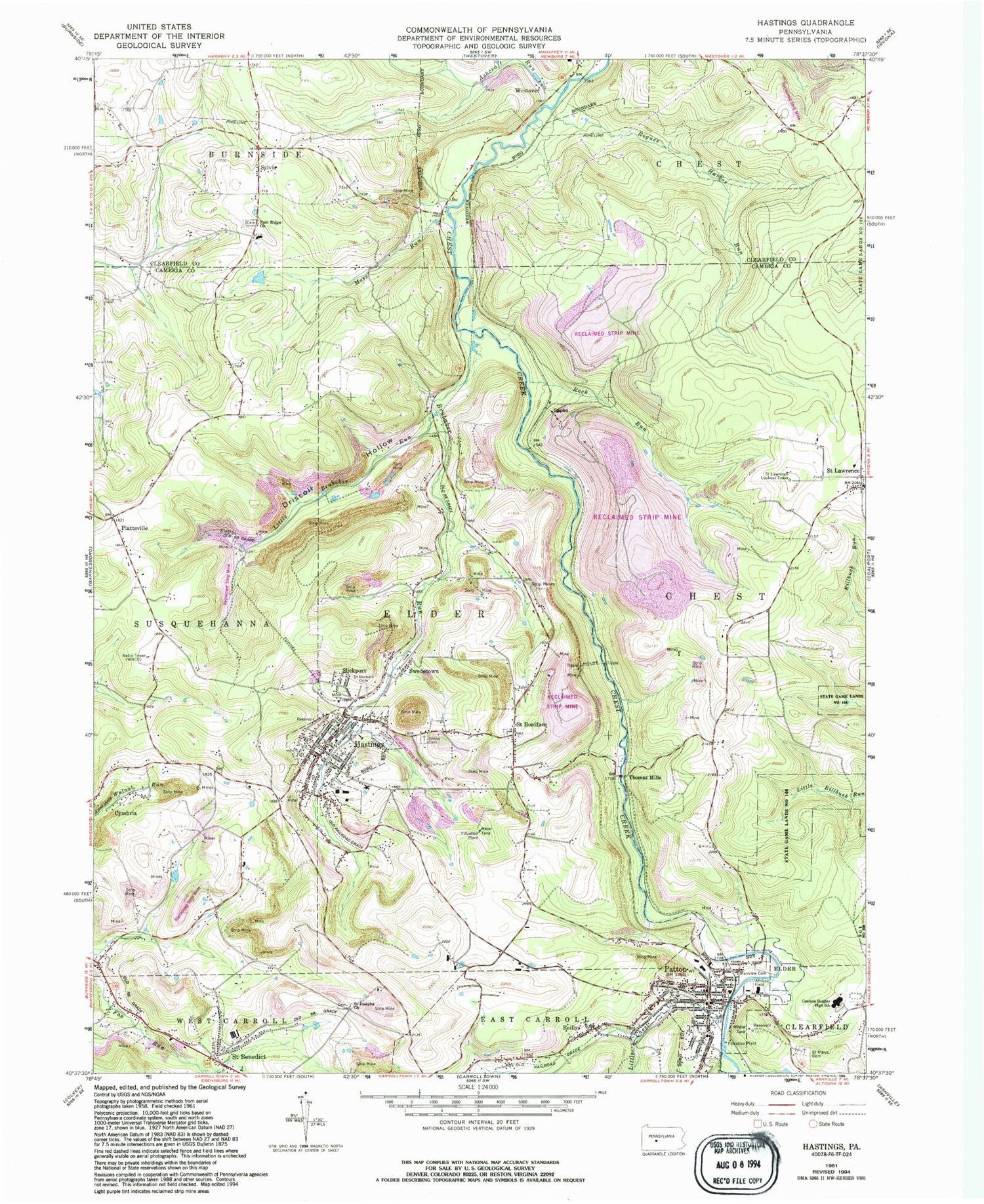 Classic USGS Hastings Pennsylvania 7.5'x7.5' Topo Map Image