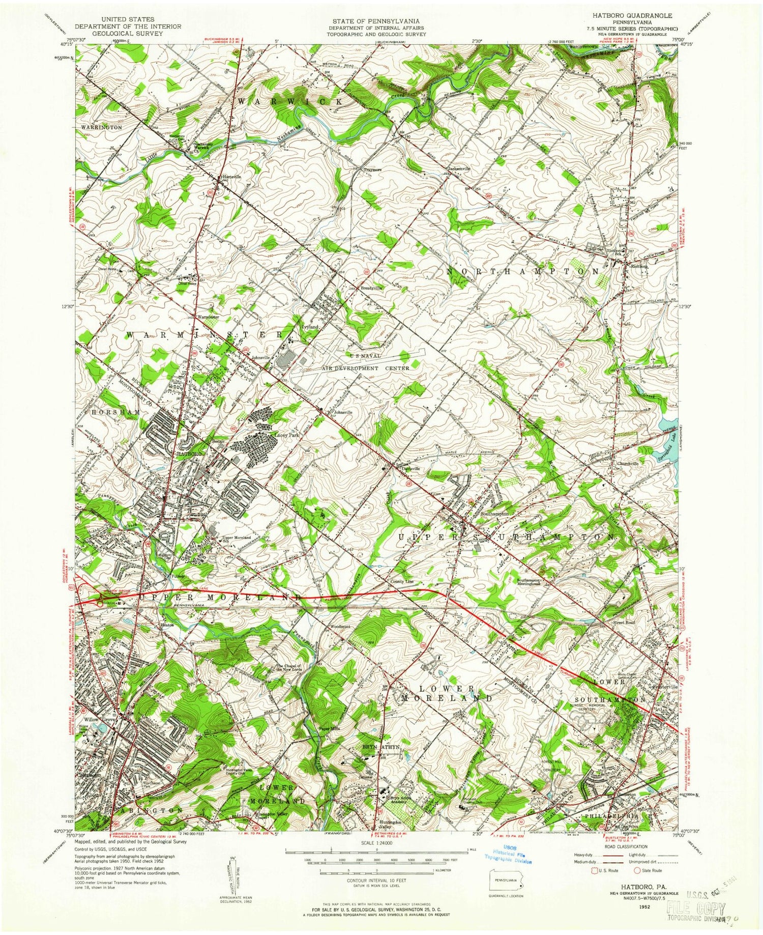 Classic USGS Hatboro Pennsylvania 7.5'x7.5' Topo Map Image