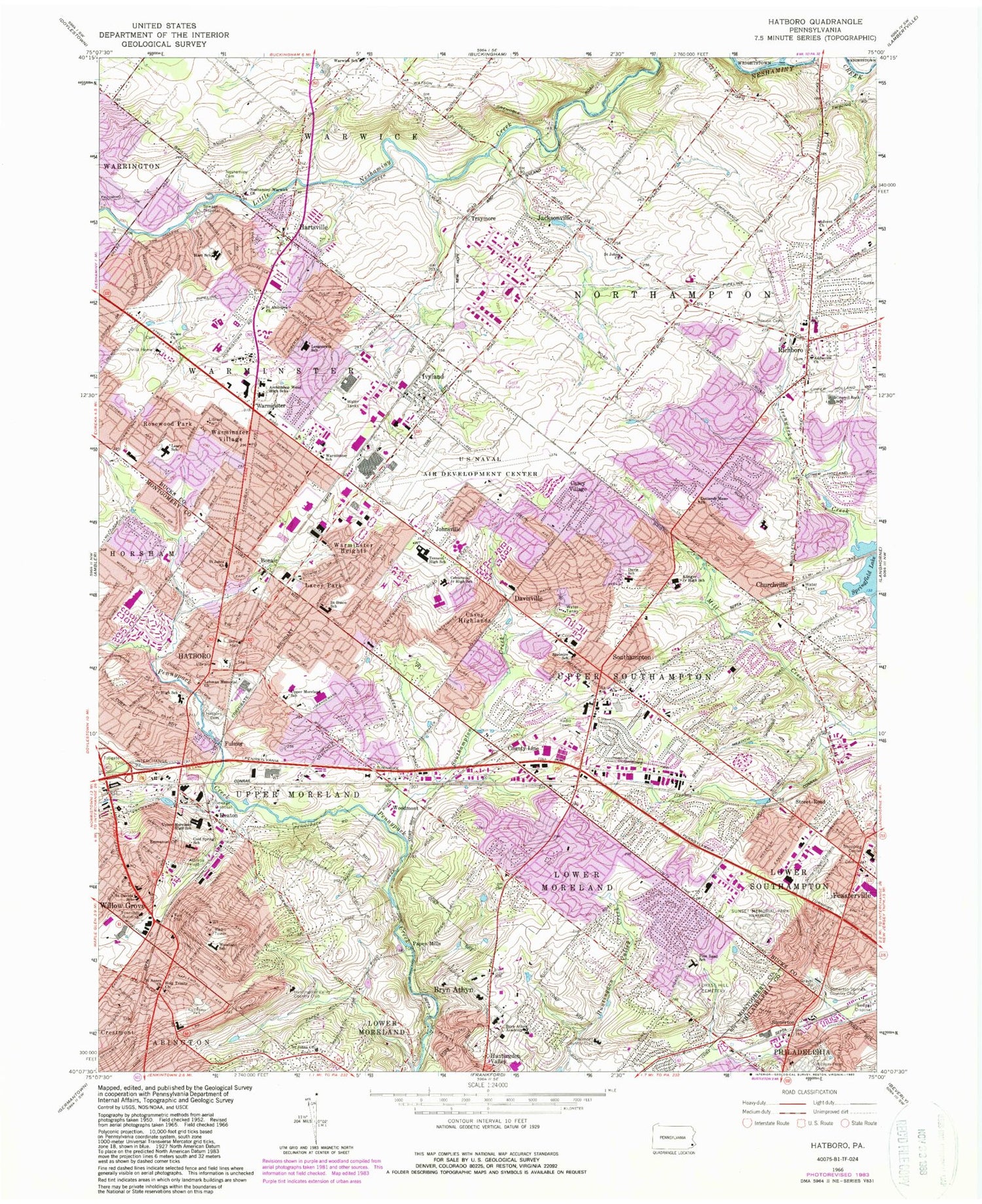 Classic USGS Hatboro Pennsylvania 7.5'x7.5' Topo Map Image
