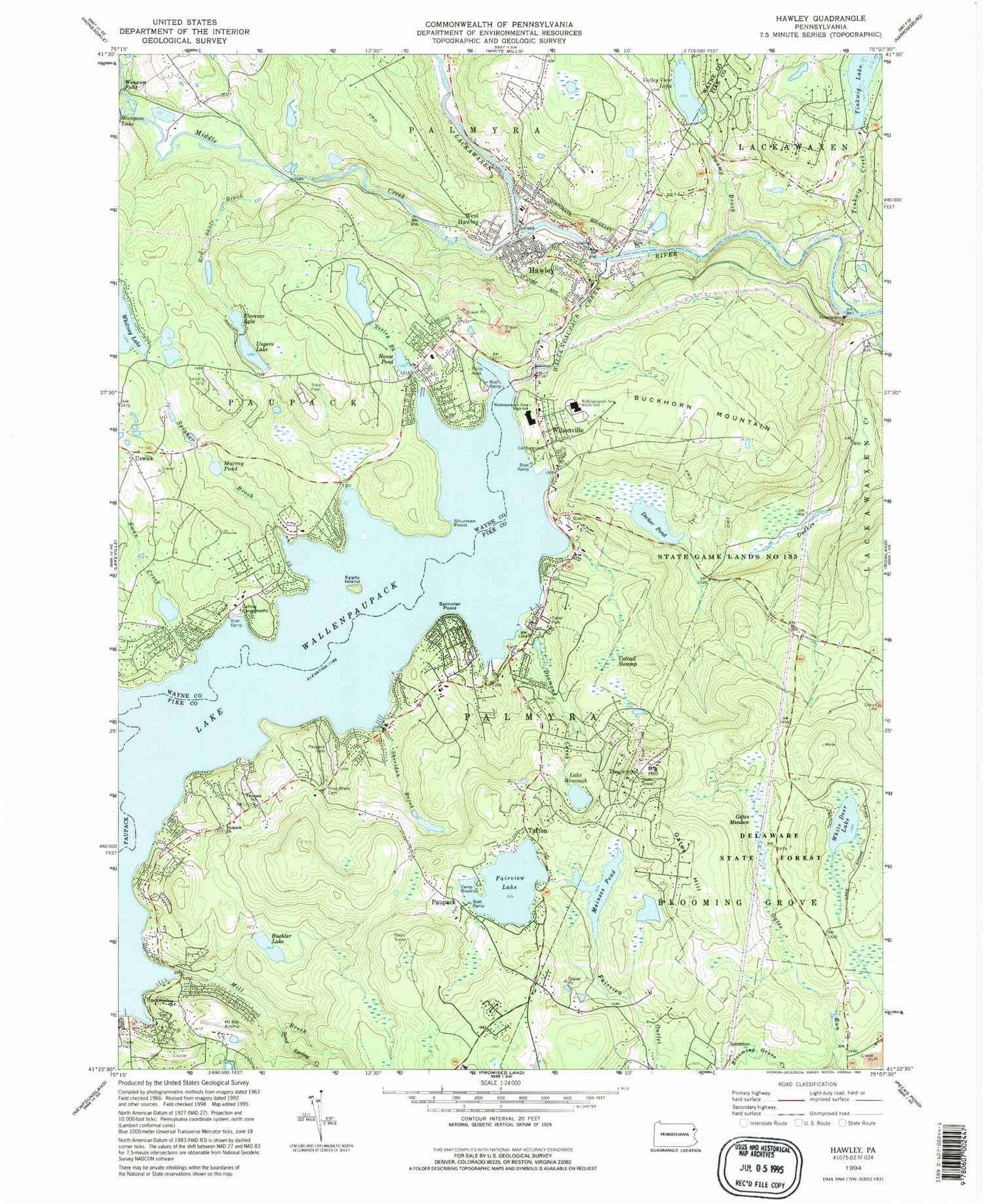 Classic USGS Hawley Pennsylvania 7.5'x7.5' Topo Map Image