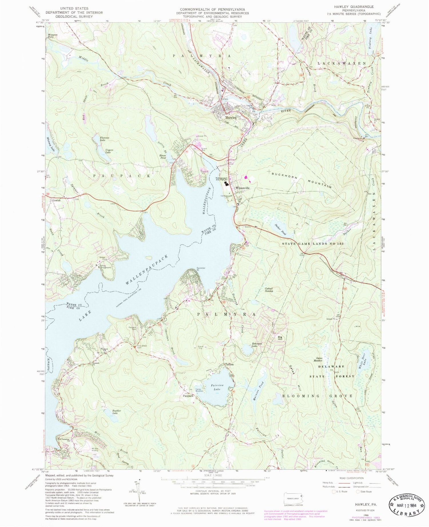 Classic USGS Hawley Pennsylvania 7.5'x7.5' Topo Map Image
