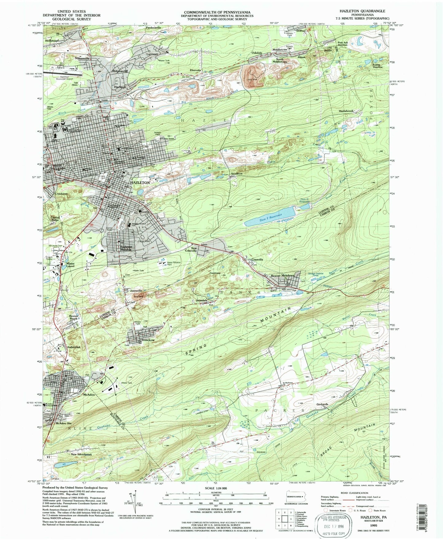 Classic USGS Hazleton Pennsylvania 7.5'x7.5' Topo Map Image