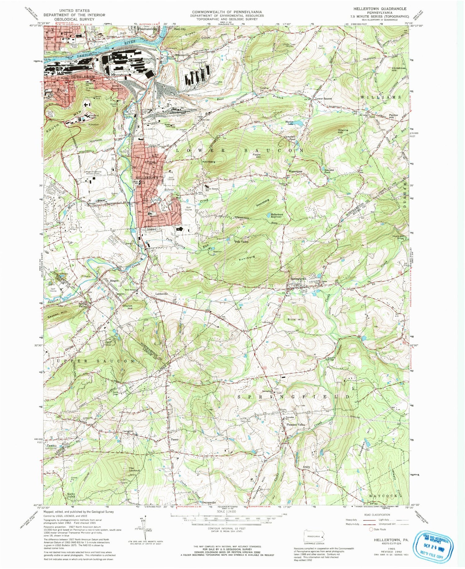 Classic USGS Hellertown Pennsylvania 7.5'x7.5' Topo Map Image