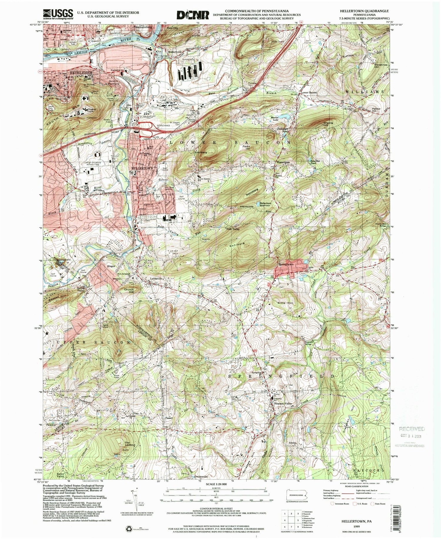 Classic USGS Hellertown Pennsylvania 7.5'x7.5' Topo Map Image