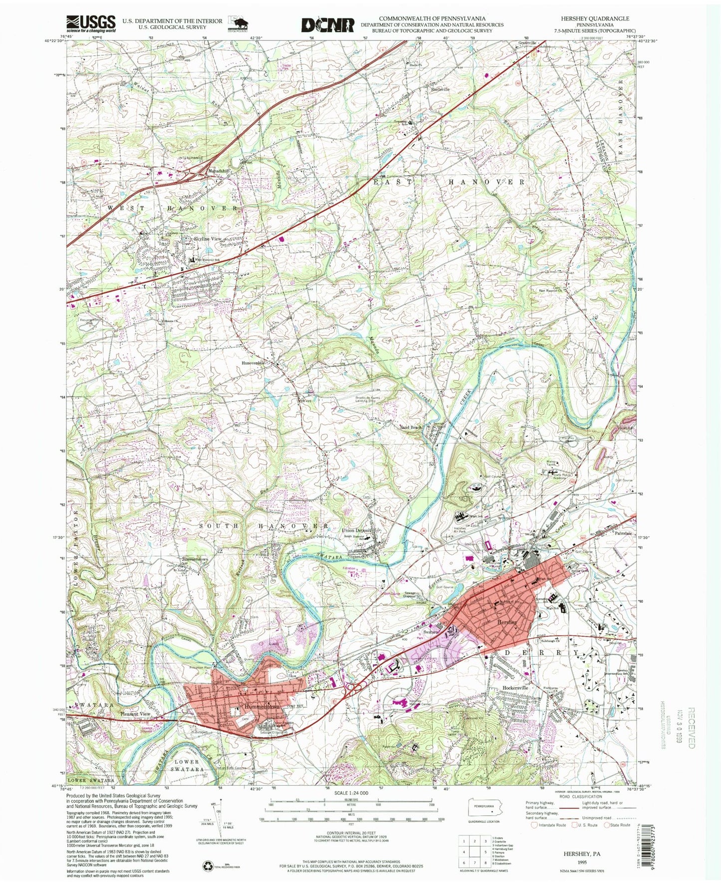 Classic USGS Hershey Pennsylvania 7.5'x7.5' Topo Map Image