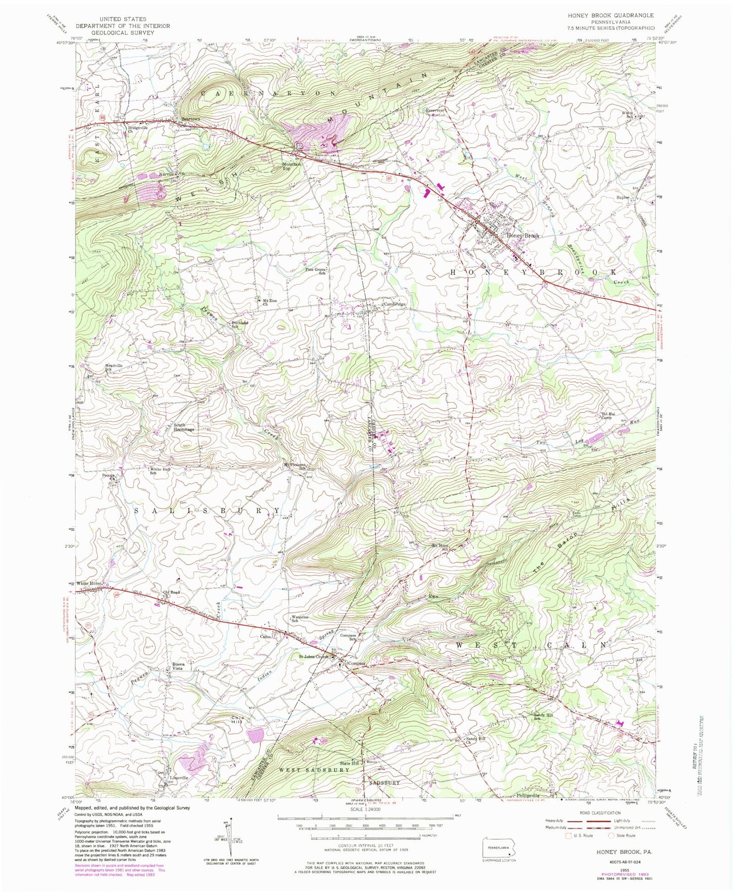 Classic USGS Honey Brook Pennsylvania 7.5'x7.5' Topo Map Image