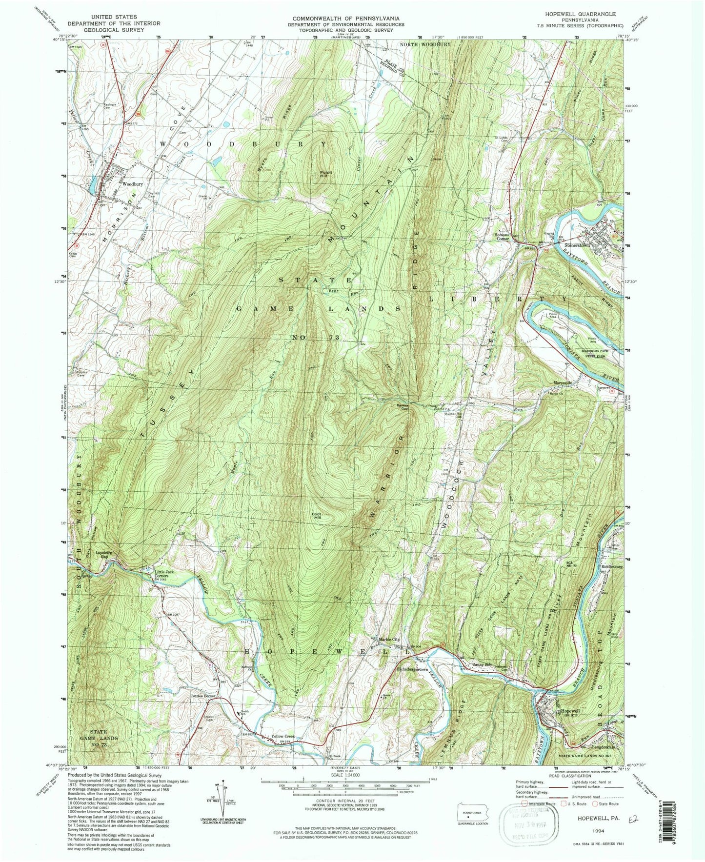 Classic USGS Hopewell Pennsylvania 7.5'x7.5' Topo Map Image
