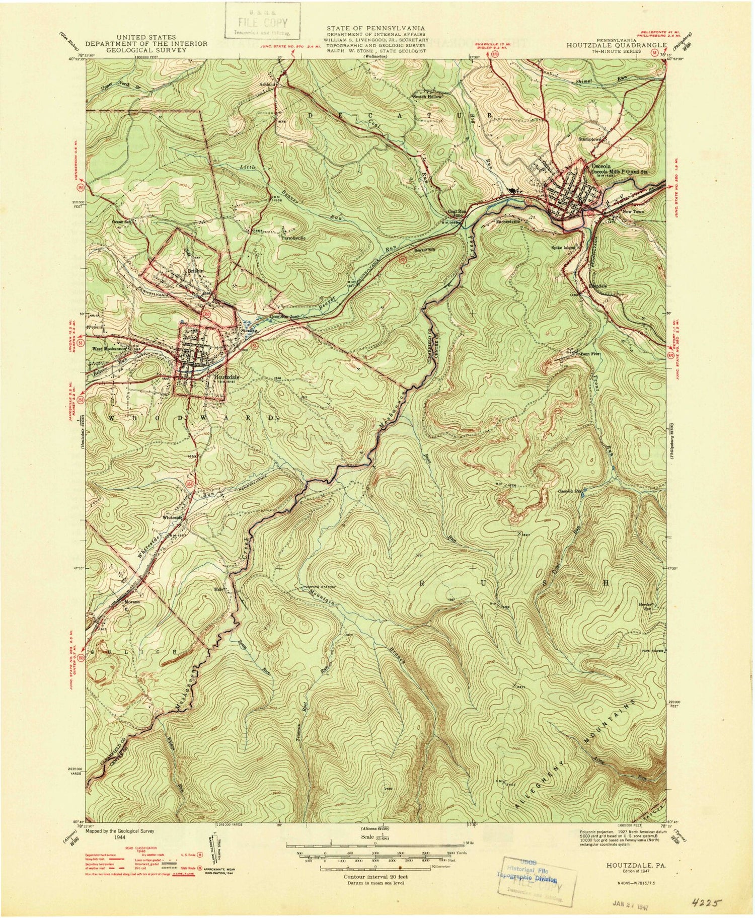 Classic USGS Houtzdale Pennsylvania 7.5'x7.5' Topo Map Image
