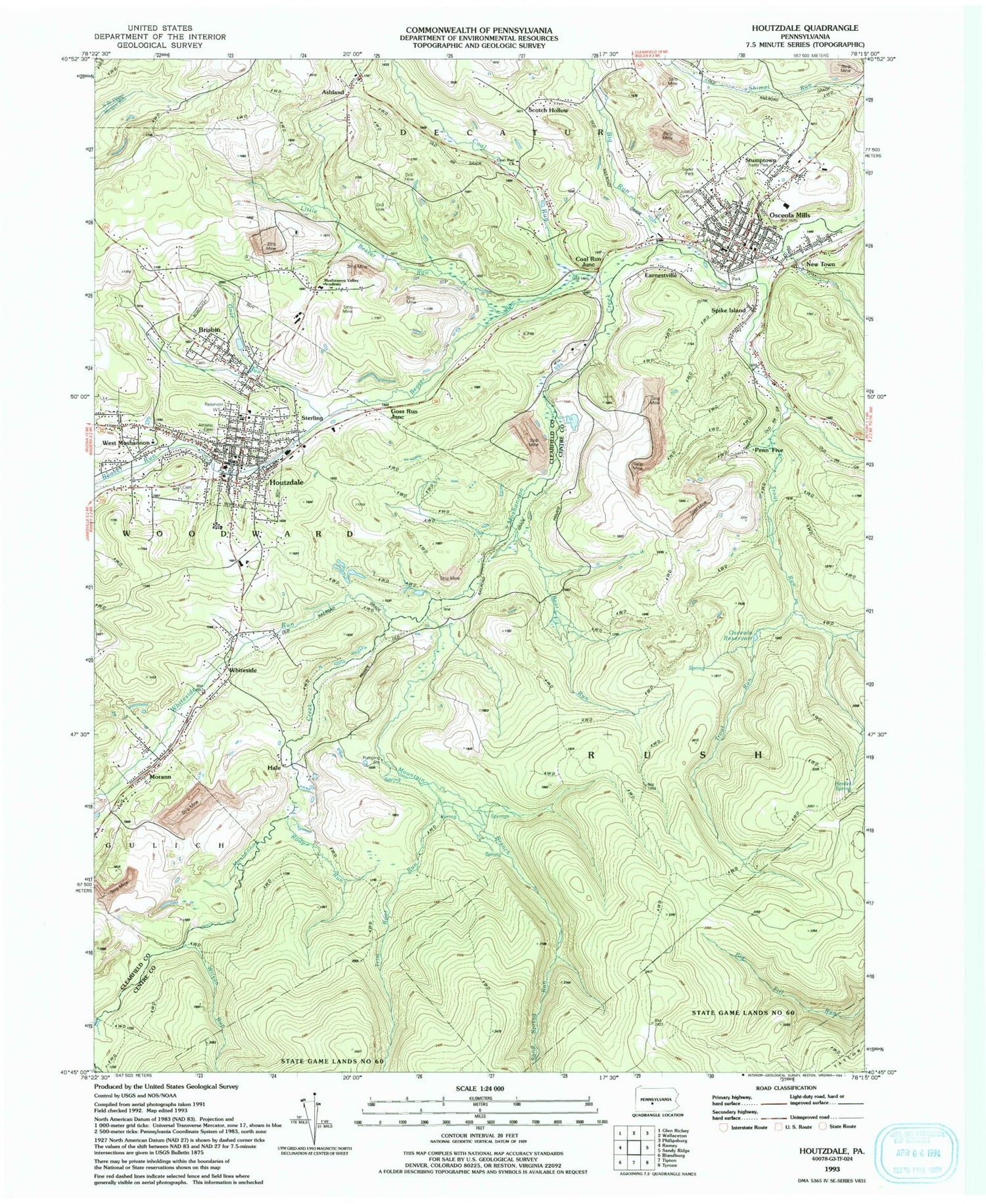 Classic USGS Houtzdale Pennsylvania 7.5'x7.5' Topo Map Image