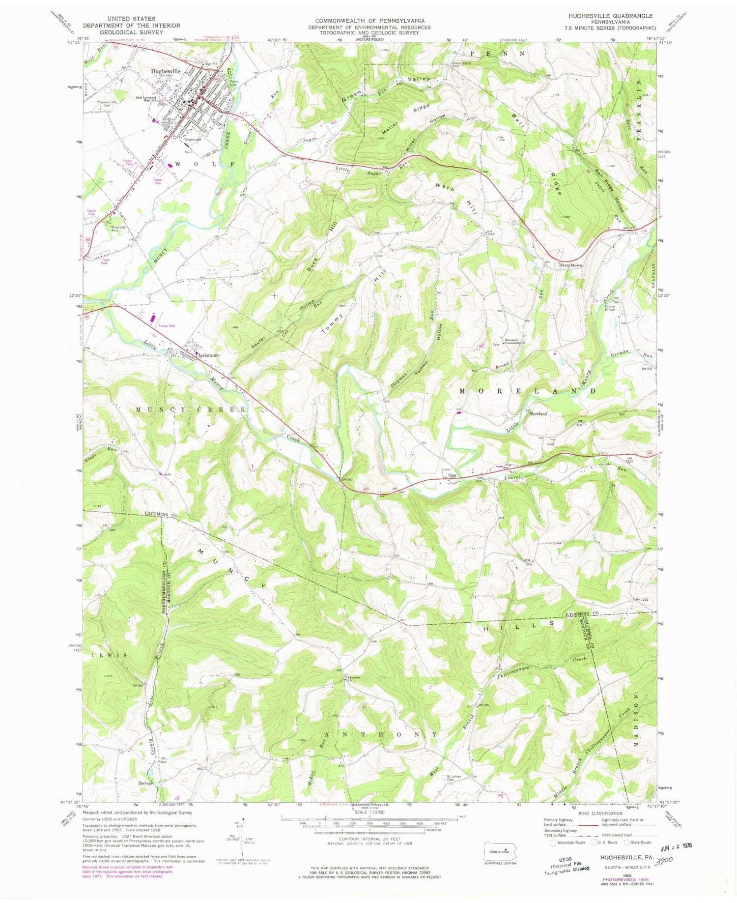 Classic USGS Hughesville Pennsylvania 7.5'x7.5' Topo Map Image