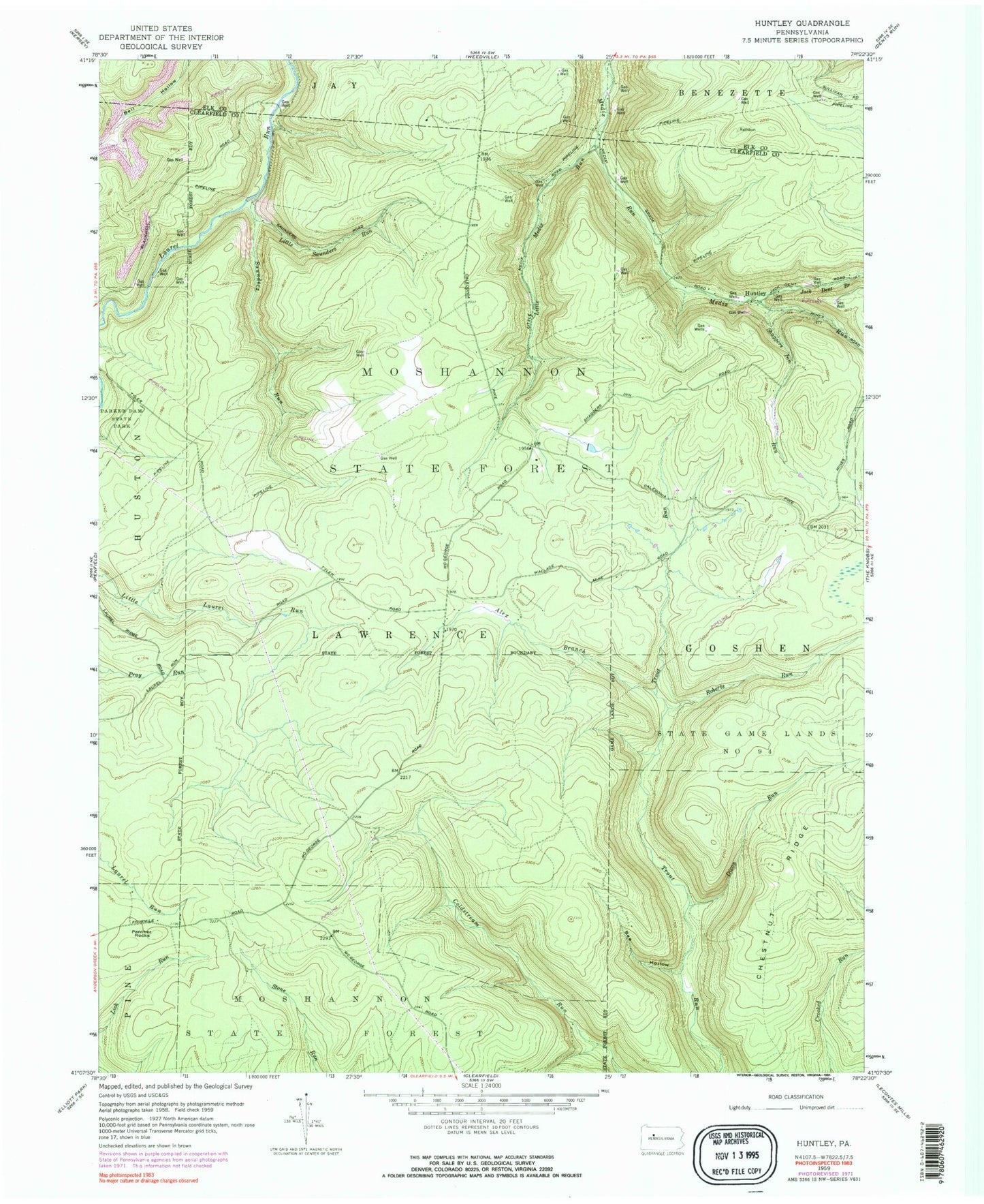Classic USGS Huntley Pennsylvania 7.5'x7.5' Topo Map Image