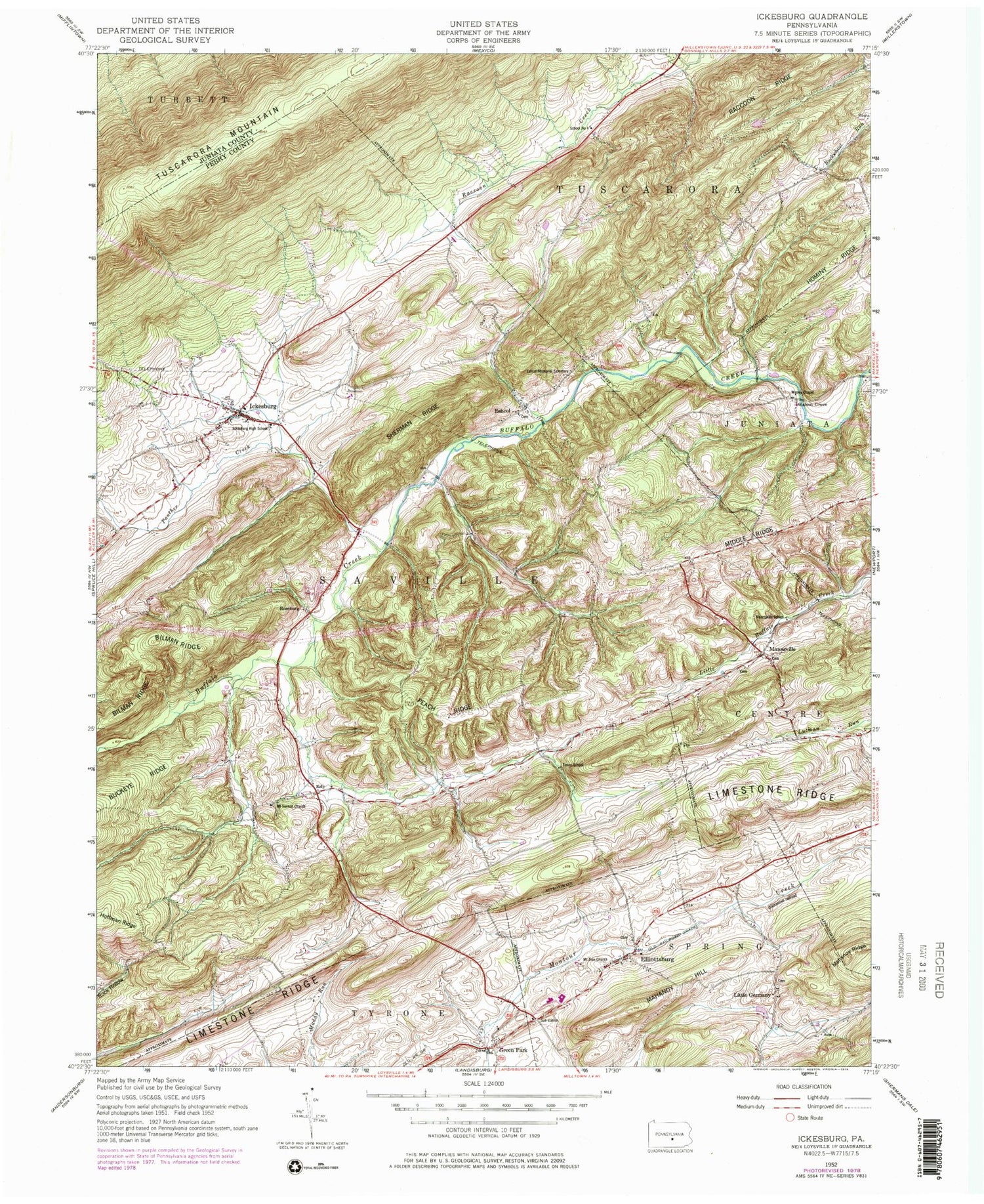 Classic USGS Ickesburg Pennsylvania 7.5'x7.5' Topo Map Image
