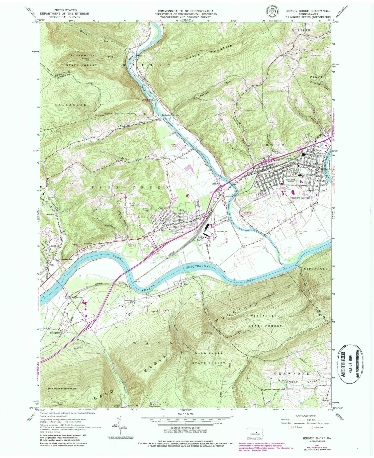 Classic USGS Jersey Shore Pennsylvania 7.5'x7.5' Topo Map Image