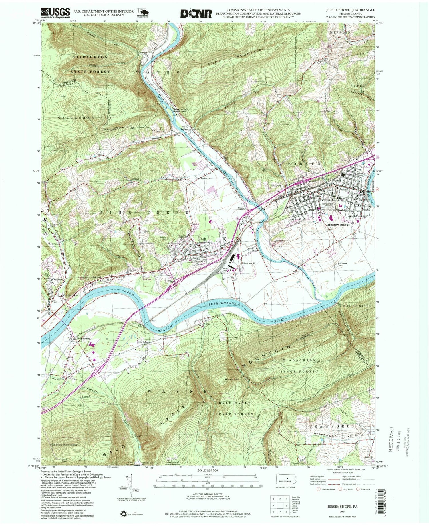 Classic USGS Jersey Shore Pennsylvania 7.5'x7.5' Topo Map Image