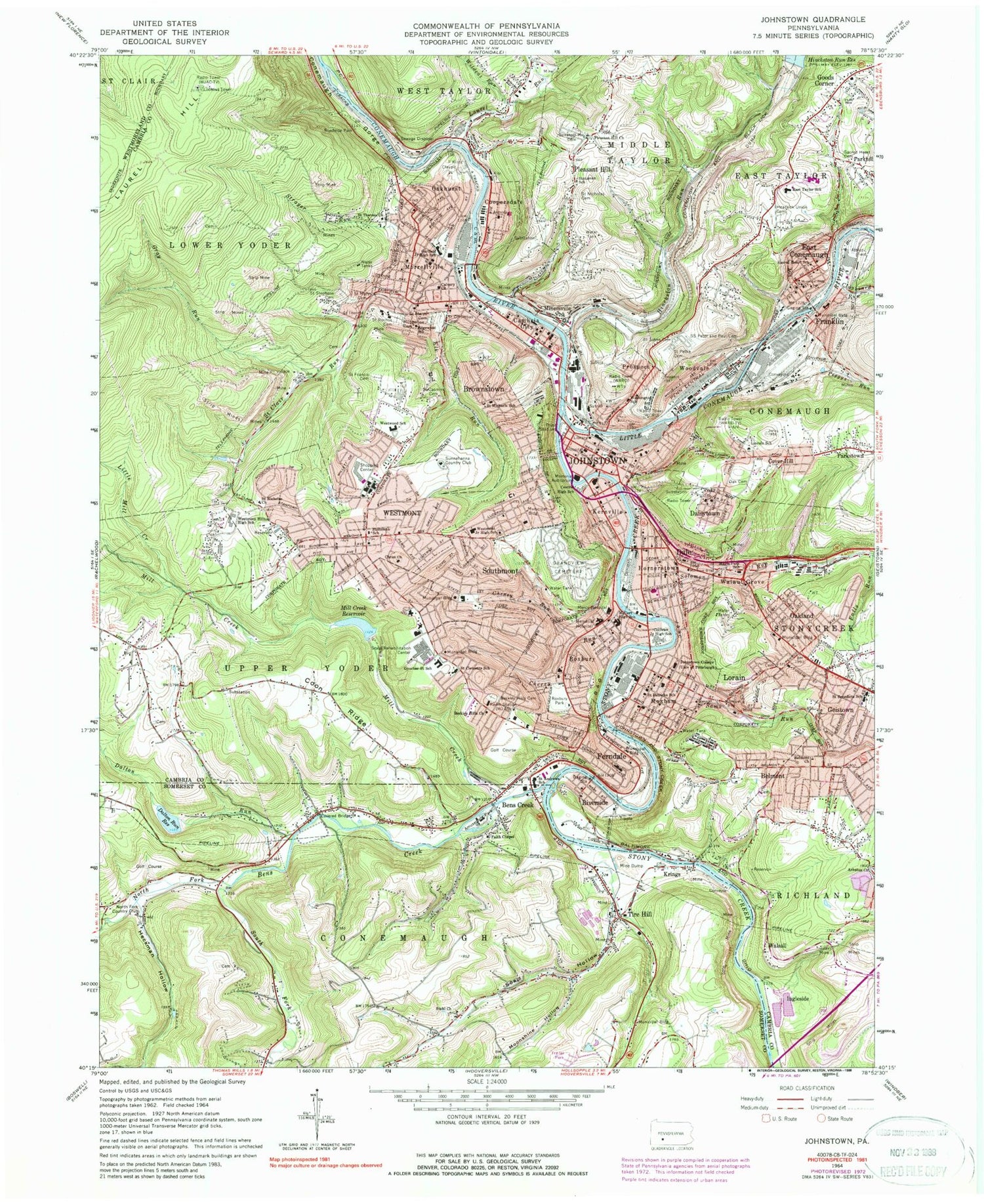 Classic USGS Johnstown Pennsylvania 7.5'x7.5' Topo Map Image