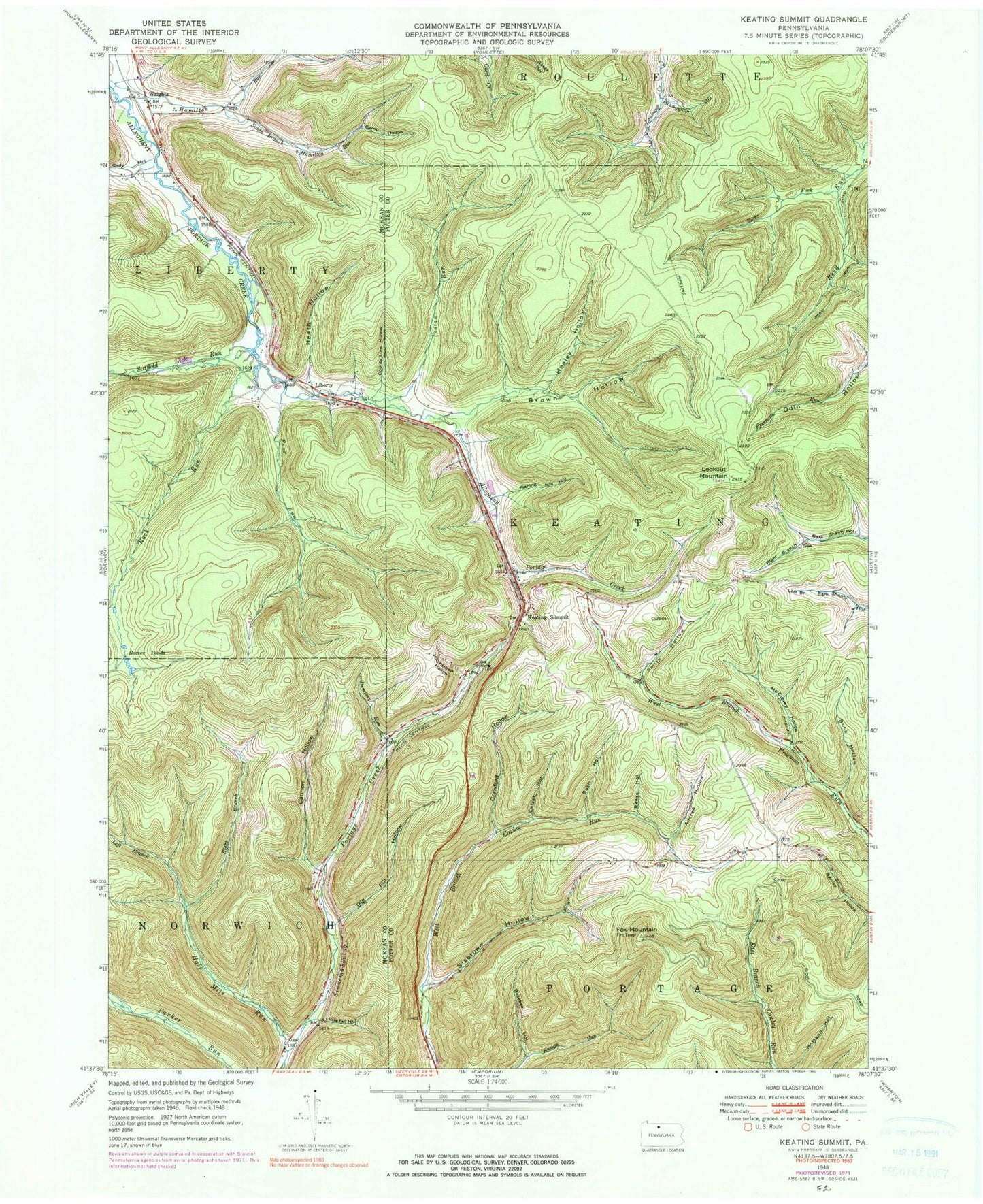 Classic USGS Keating Summit Pennsylvania 7.5'x7.5' Topo Map Image
