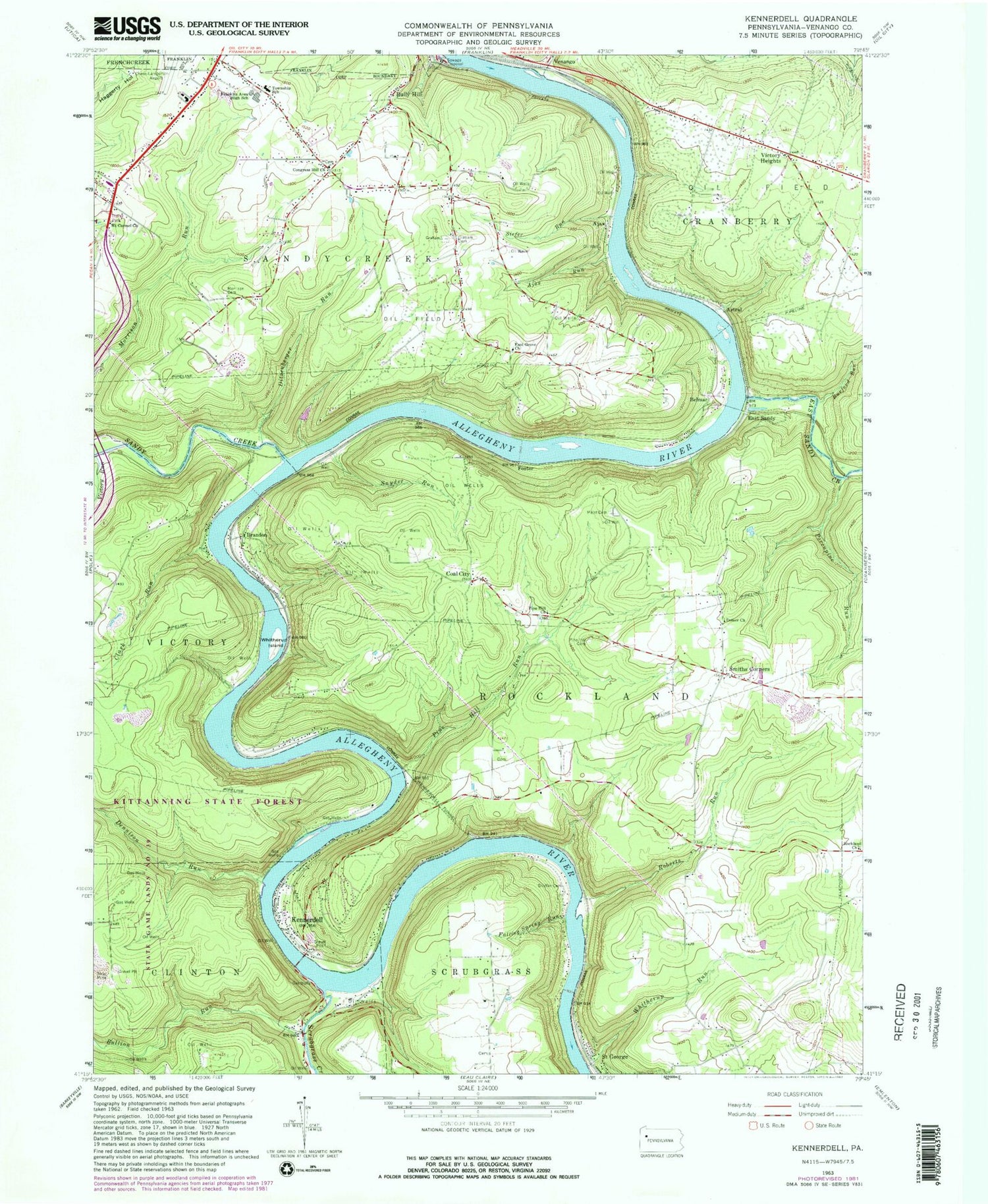 Classic USGS Kennerdell Pennsylvania 7.5'x7.5' Topo Map Image